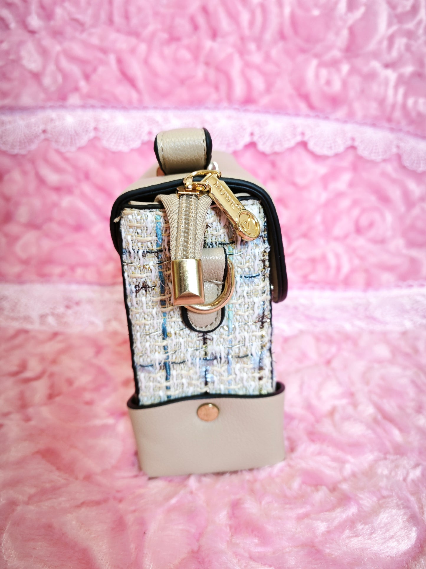 Khaki & Tweed Handbag with Metal Buckle