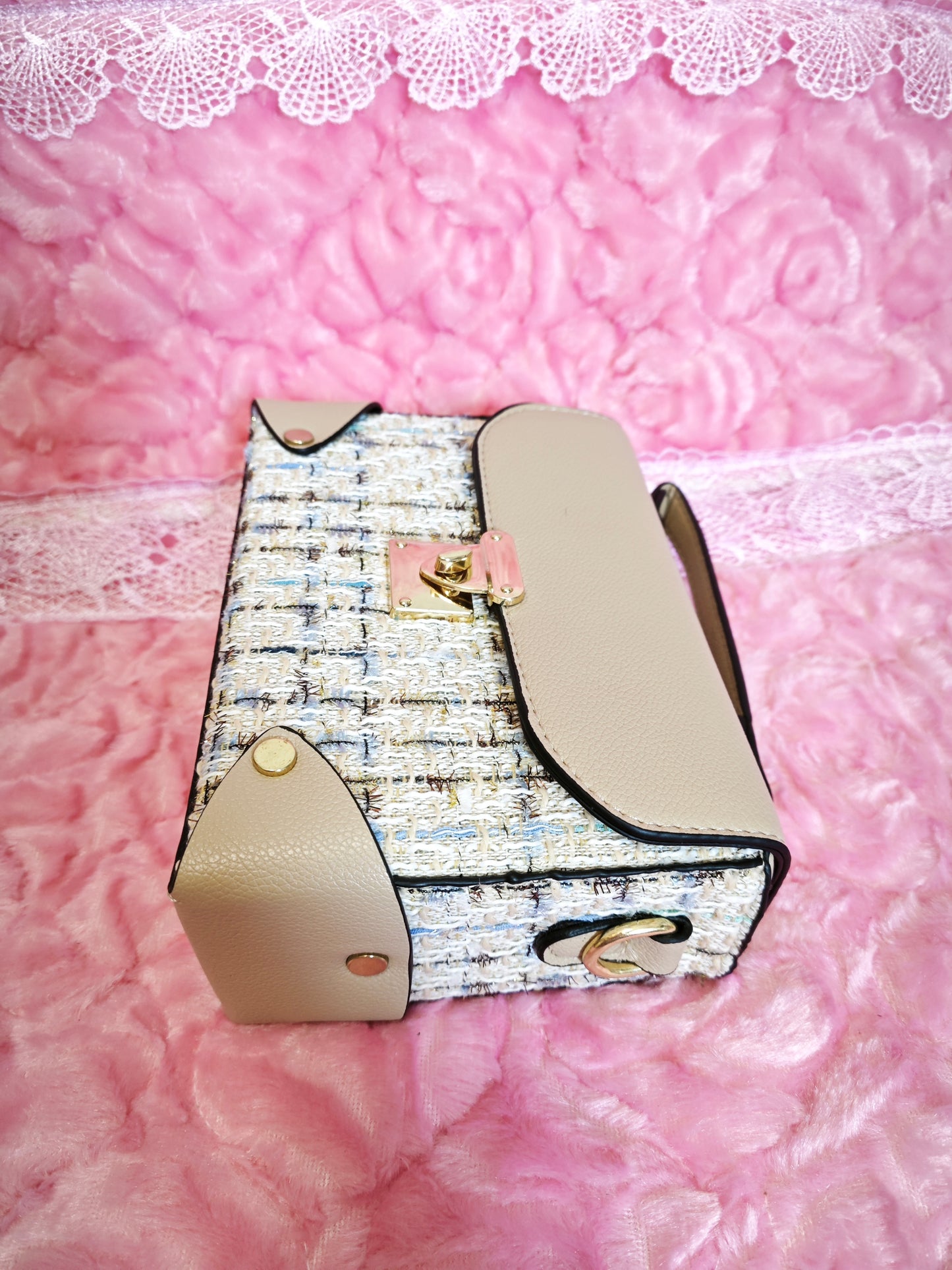 Khaki & Tweed Handbag with Metal Buckle