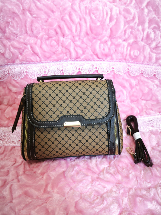 light brown-yellow Checkered & Black Trim Handbag with Metal Buckle