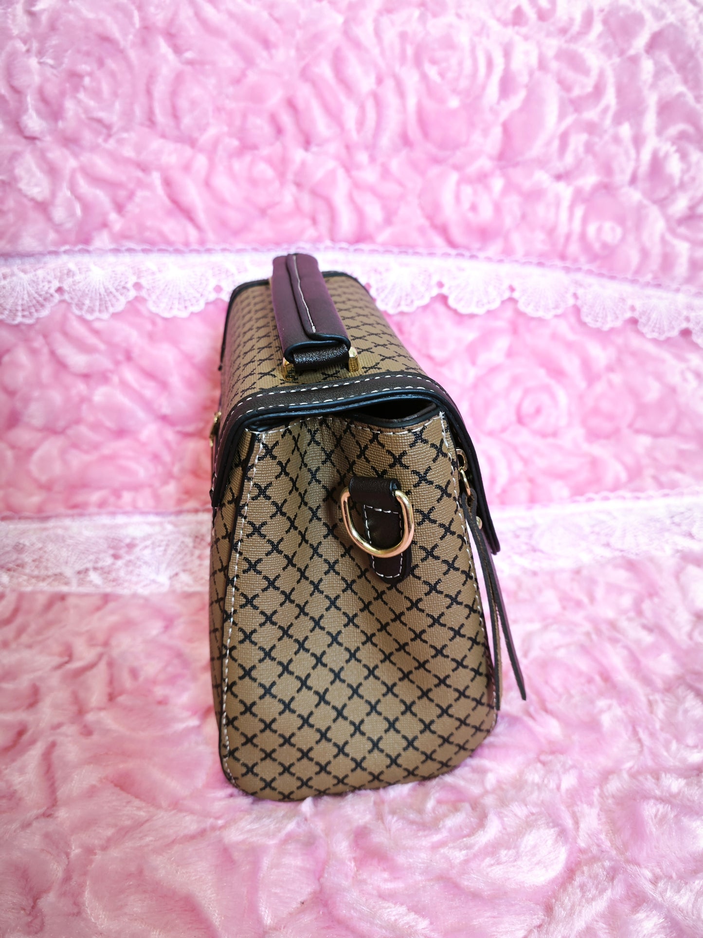 light brown-yellow Checkered & Black Trim Handbag with Metal Buckle