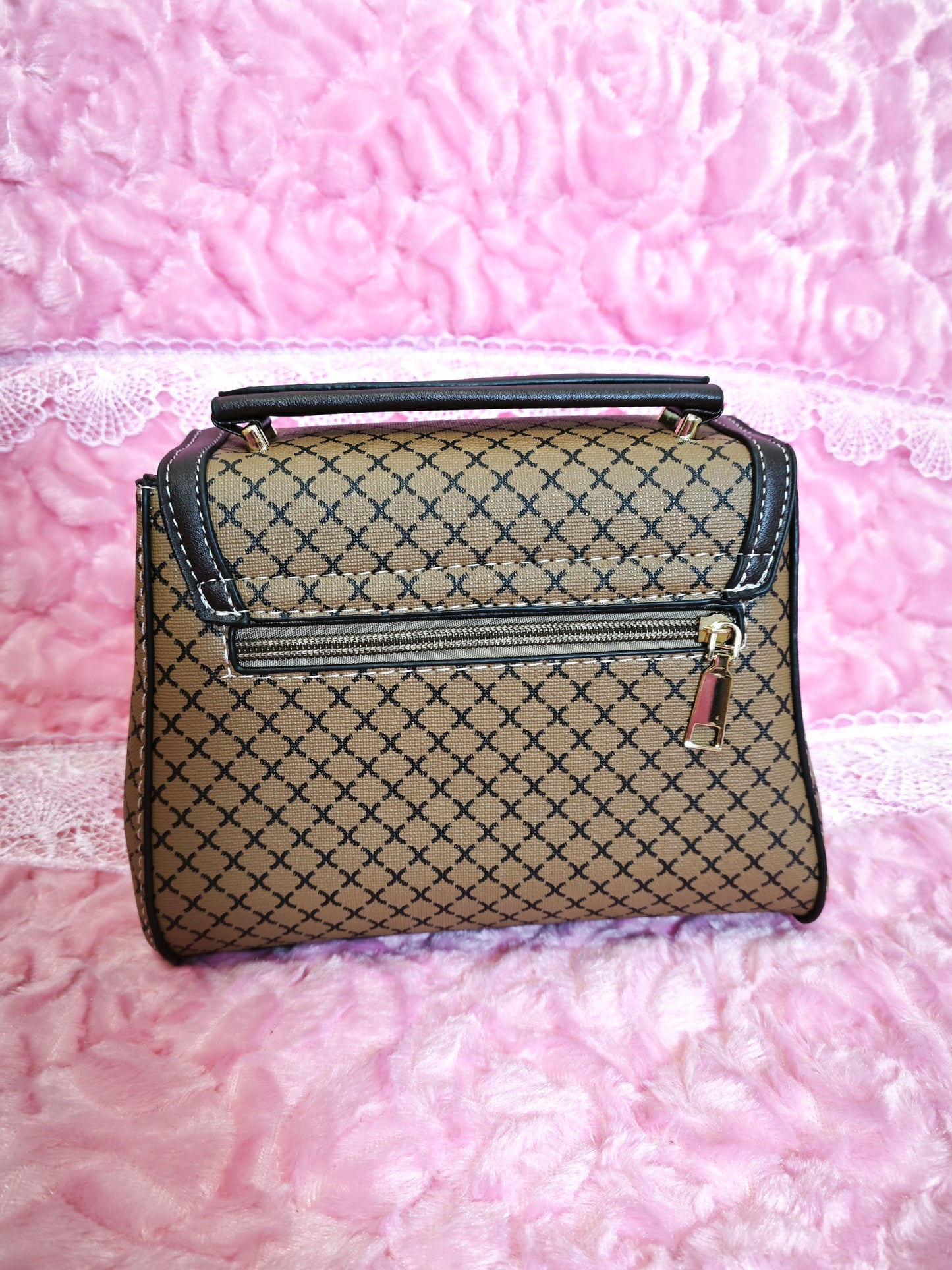 light brown-yellow Checkered & Black Trim Handbag with Metal Buckle