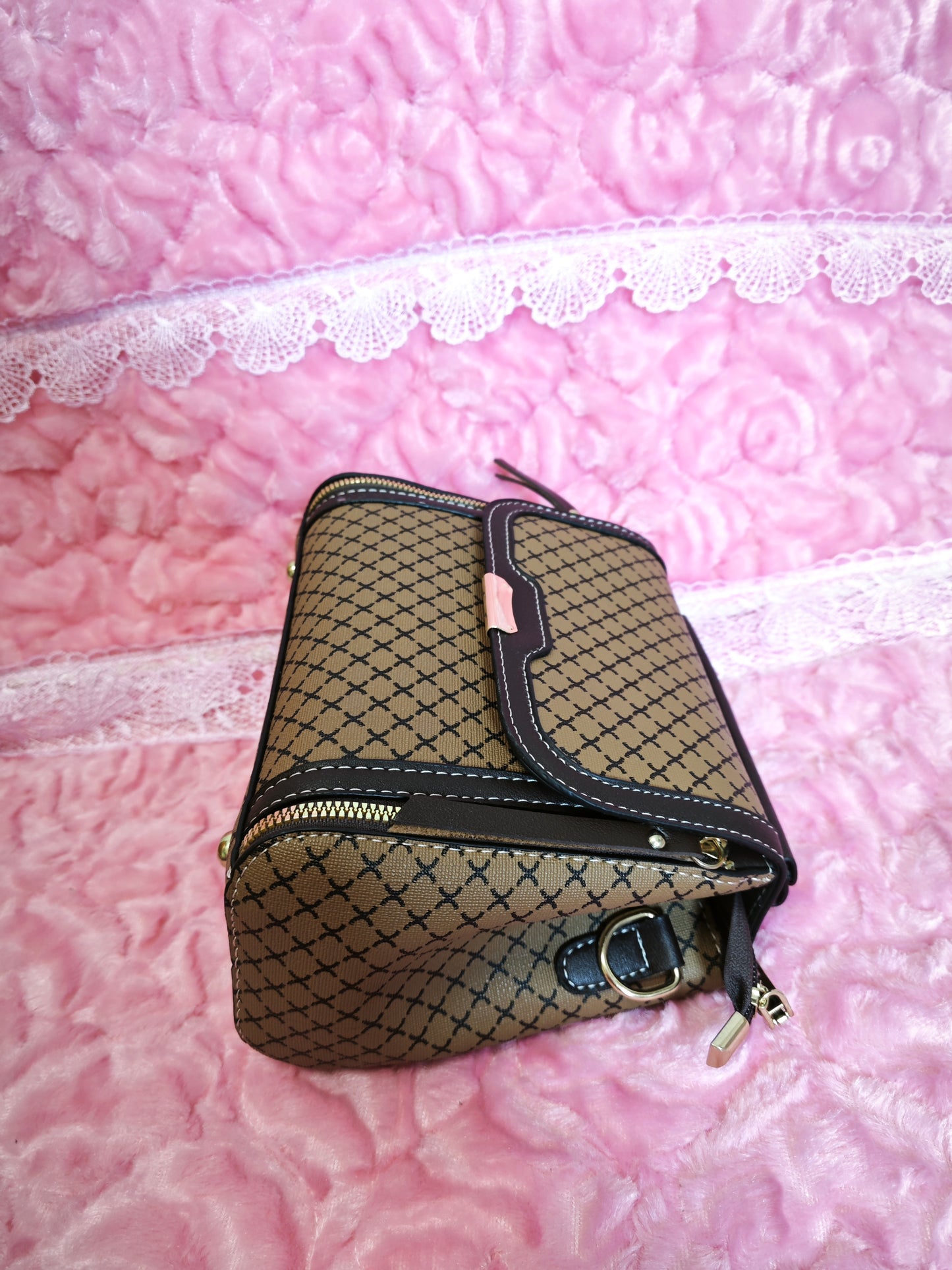 light brown-yellow Checkered & Black Trim Handbag with Metal Buckle