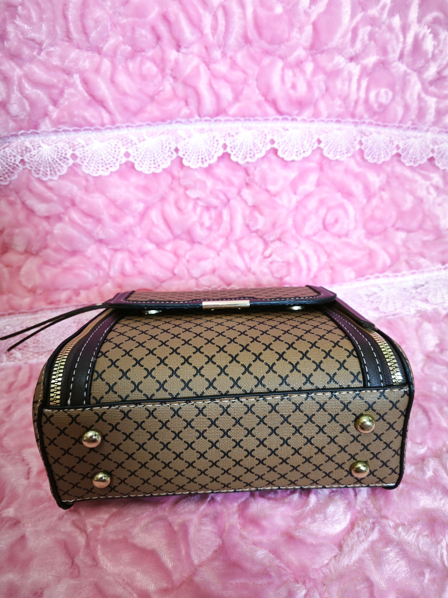 light brown-yellow Checkered & Black Trim Handbag with Metal Buckle