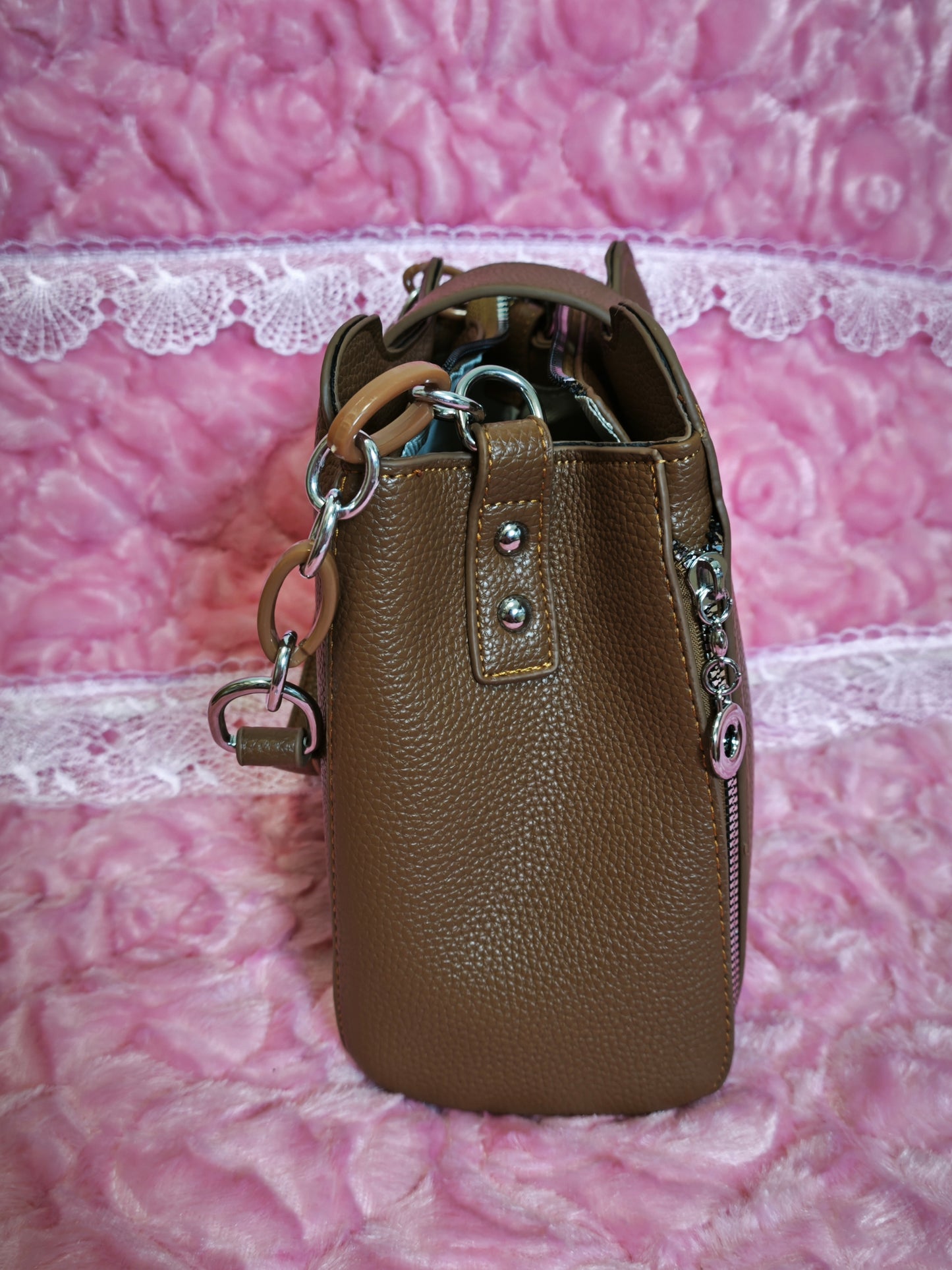 Tan Leather Handbag with Metal Buckle