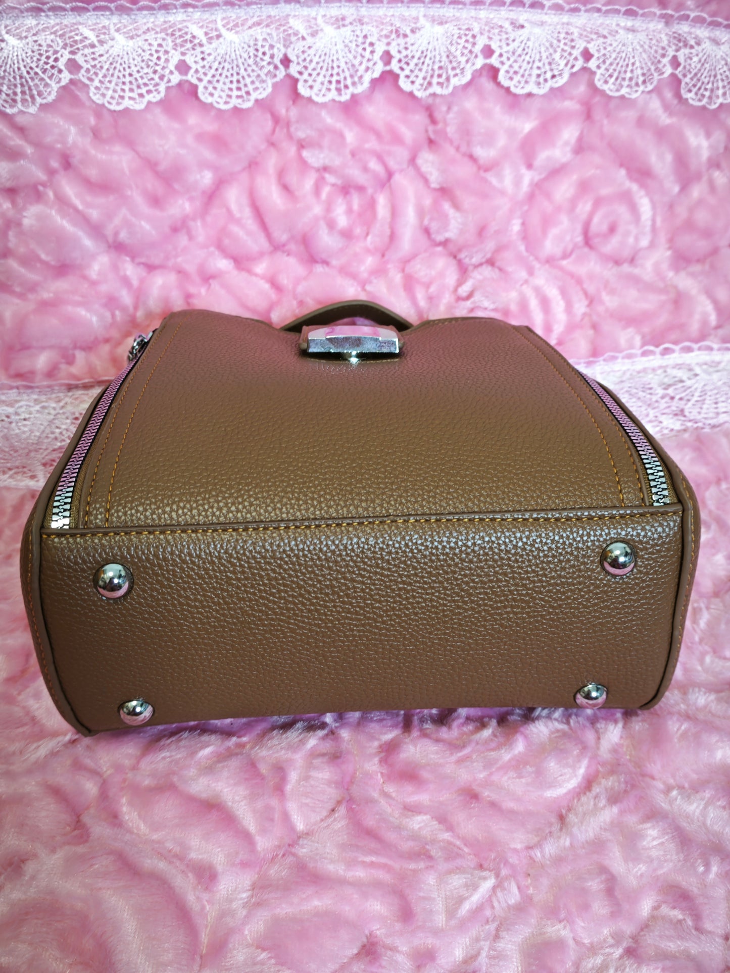 Tan Leather Handbag with Metal Buckle