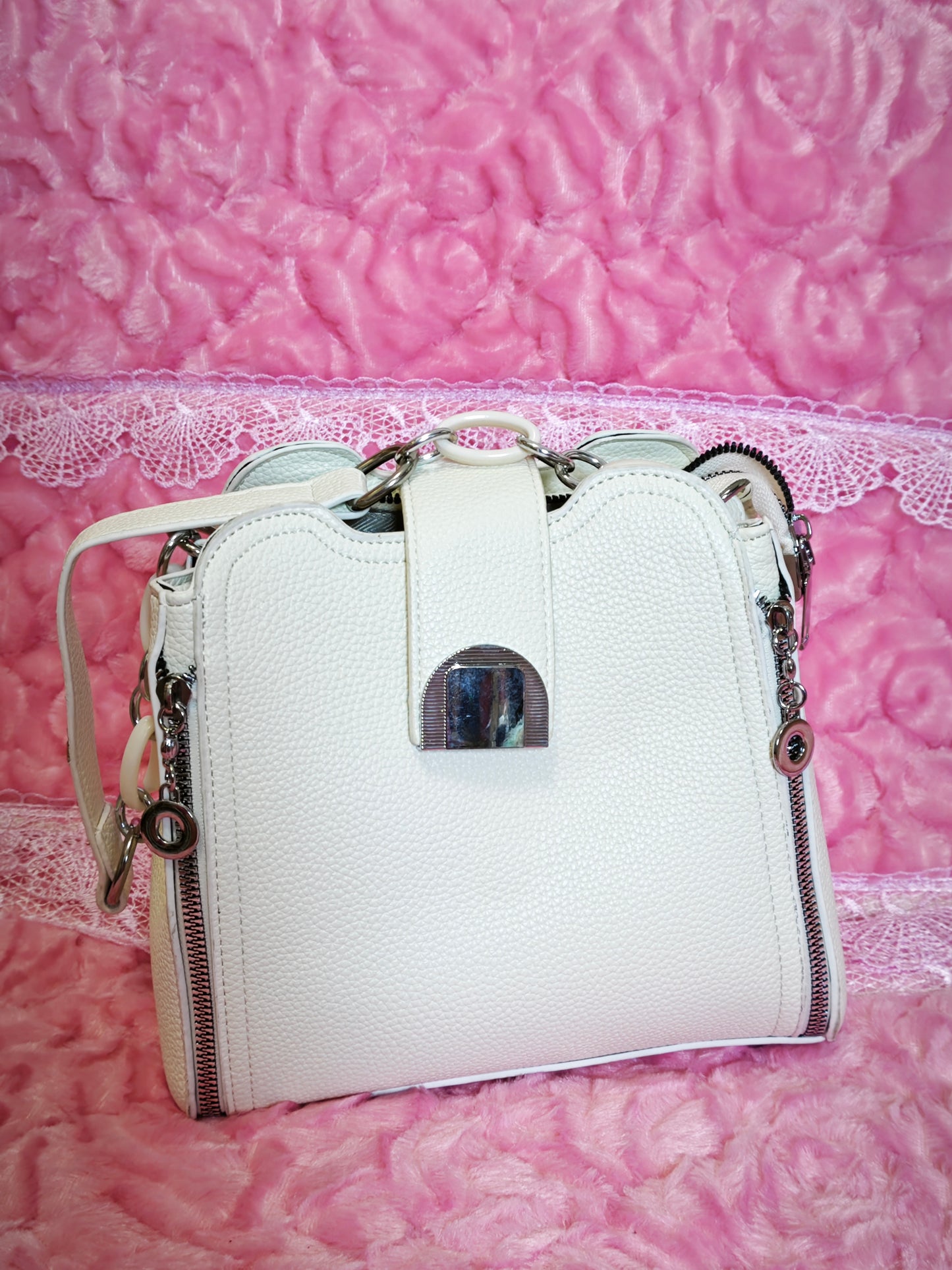 Off-White Leather Handbag with Metal Buckle