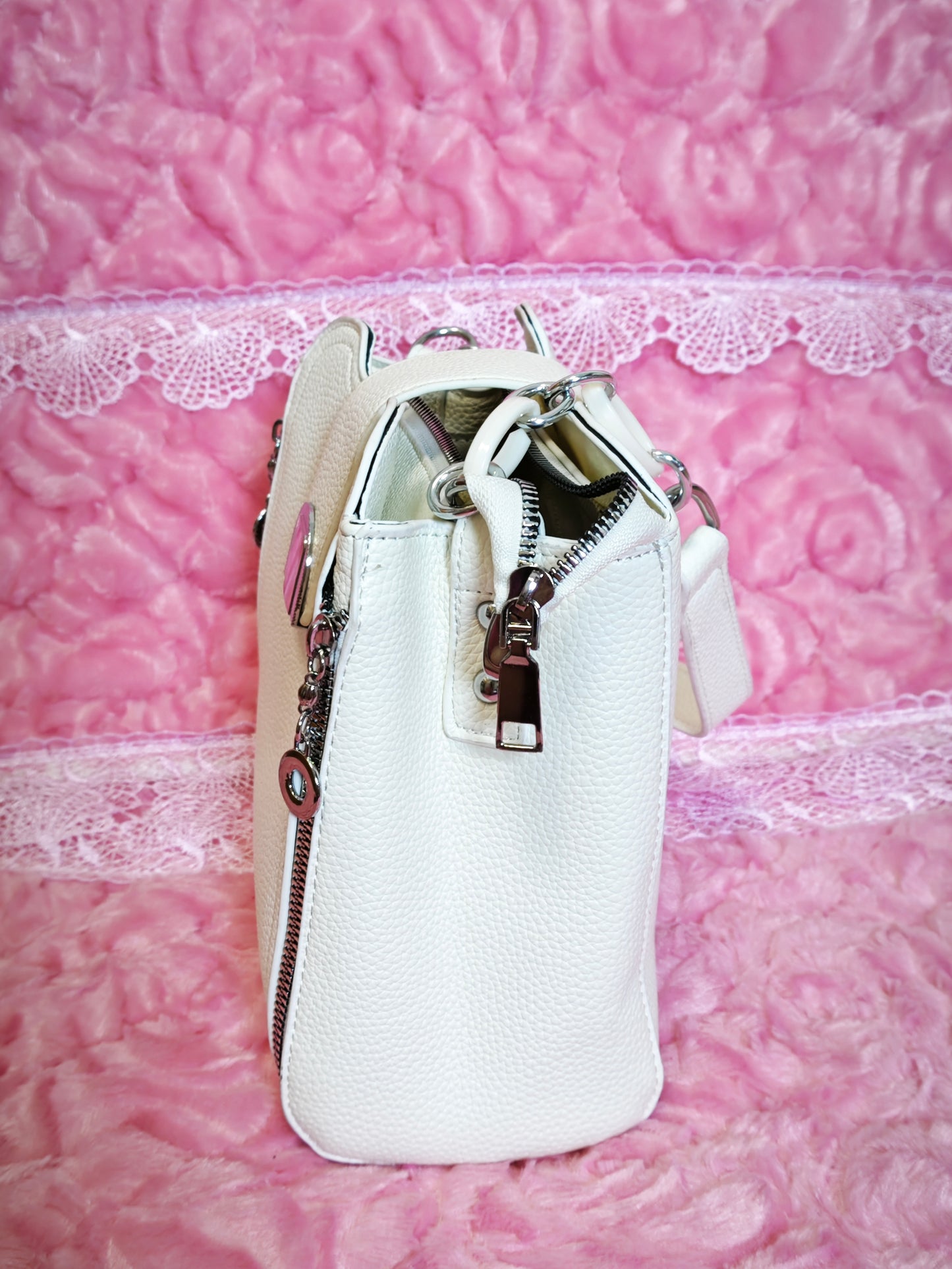 Off-White Leather Handbag with Metal Buckle