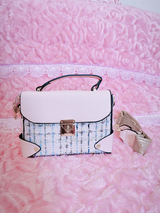 Light Pink & Tweed Handbag with Metal Buckle
