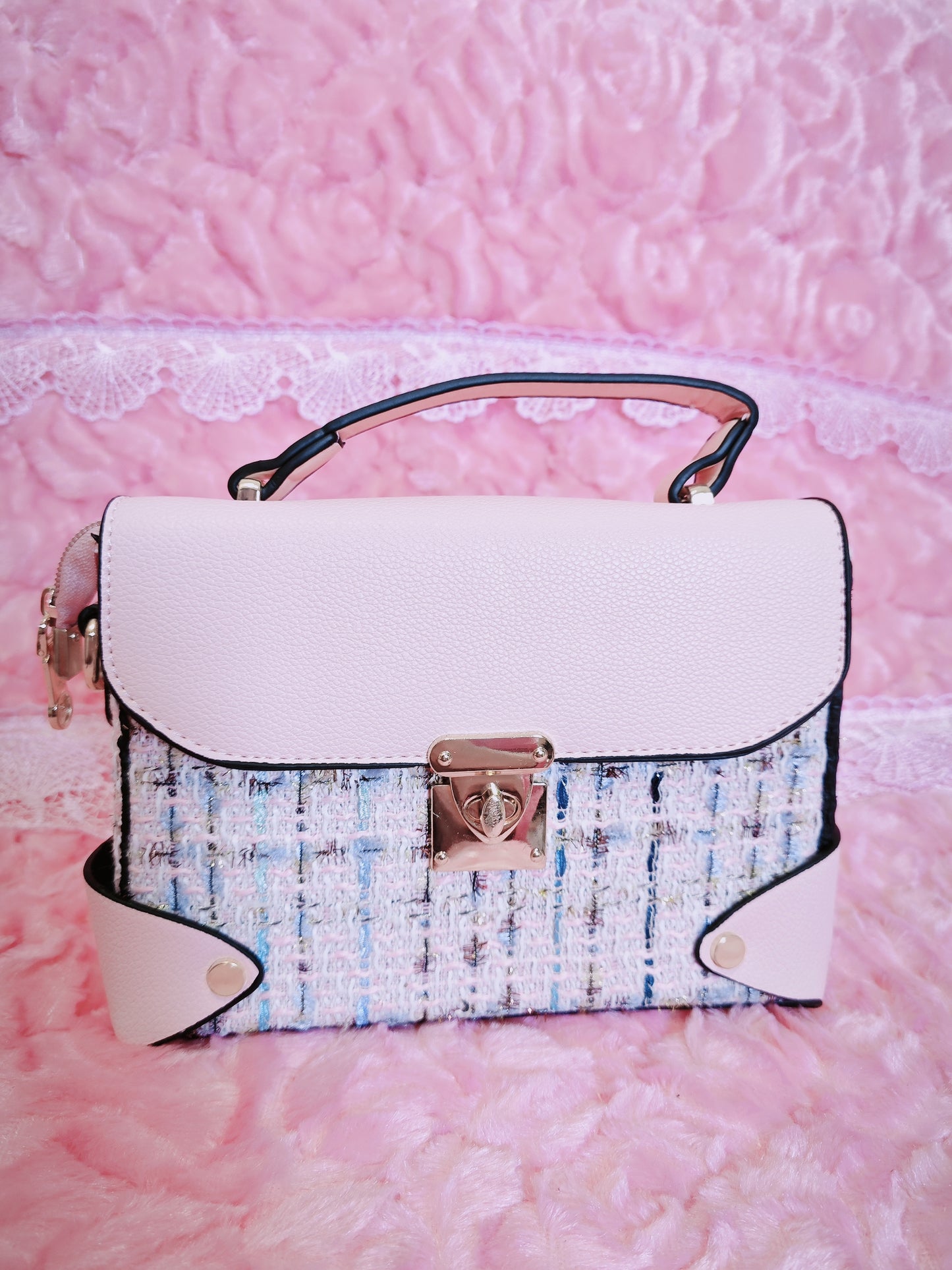Light Pink & Tweed Handbag with Metal Buckle