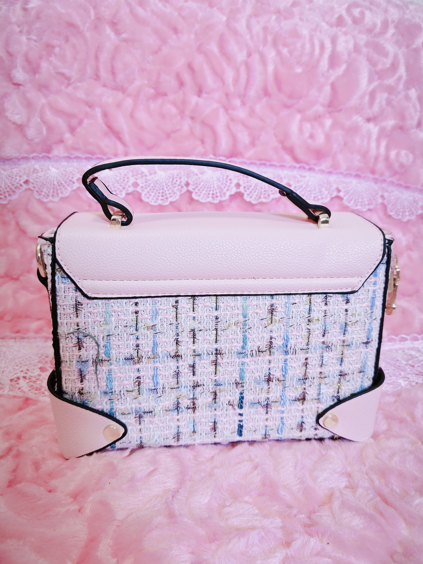 Light Pink & Tweed Handbag with Metal Buckle