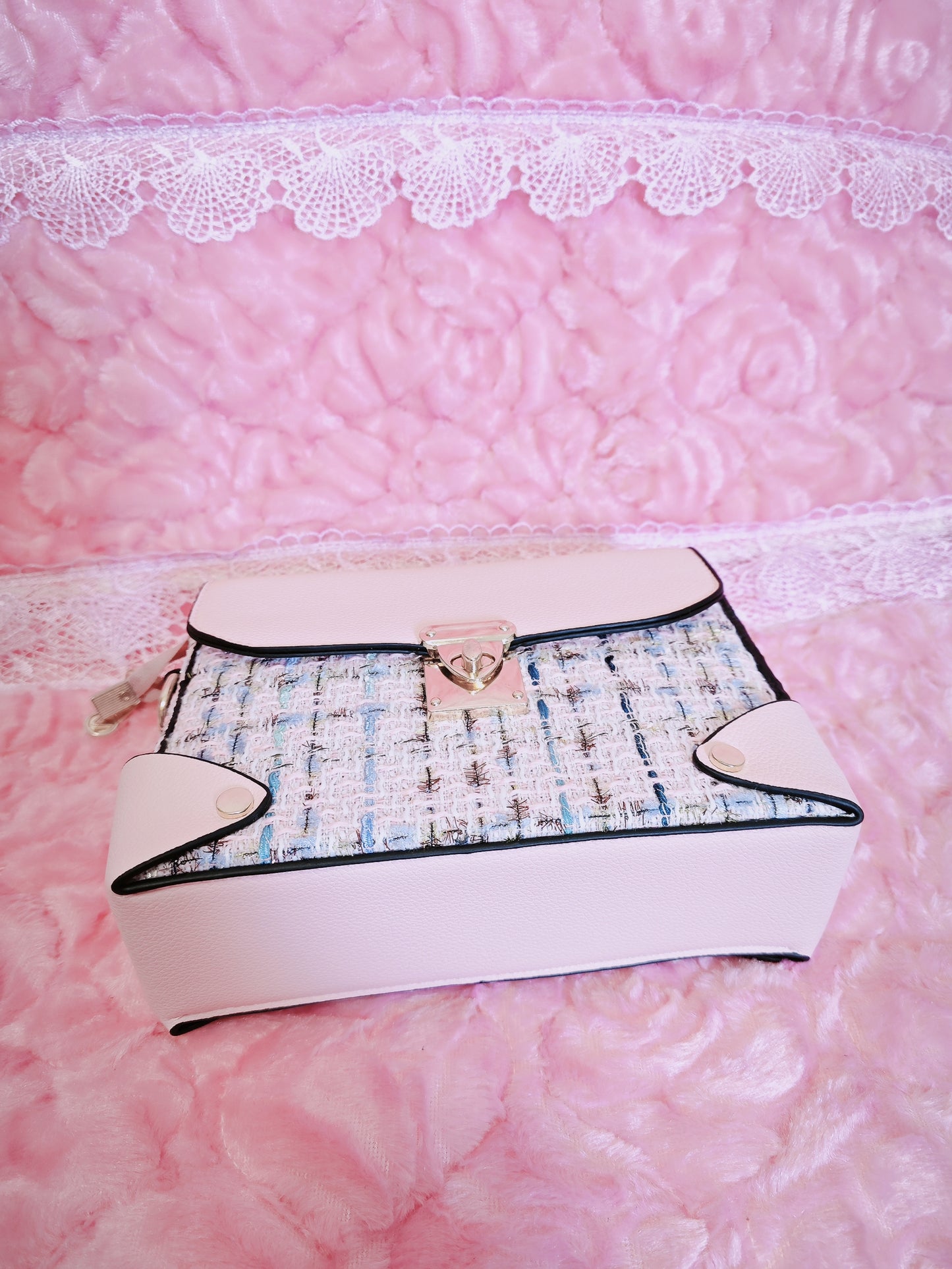 Light Pink & Tweed Handbag with Metal Buckle
