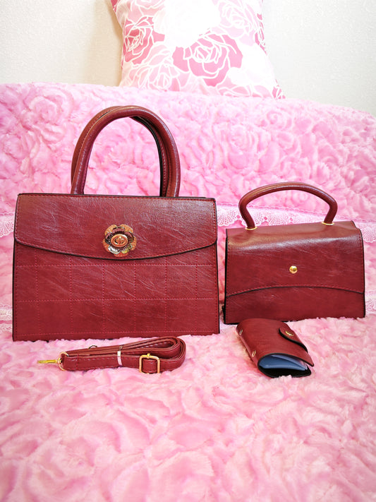 Burgundy Checkered 3-Piece Handbag with Flower Buckle