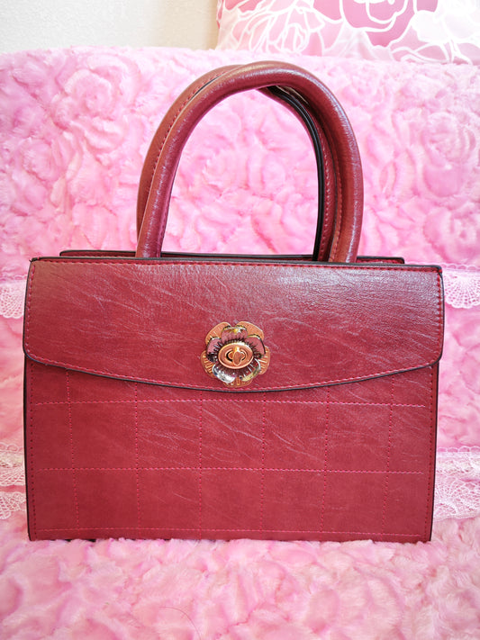 Burgundy Checkered 3-Piece Handbag with Flower Buckle