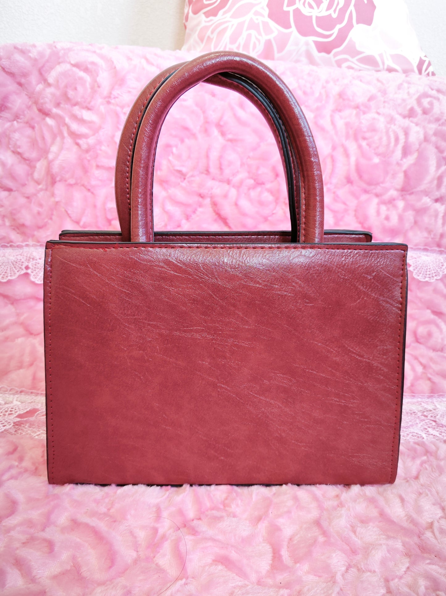 Burgundy Checkered 3-Piece Handbag with Flower Buckle