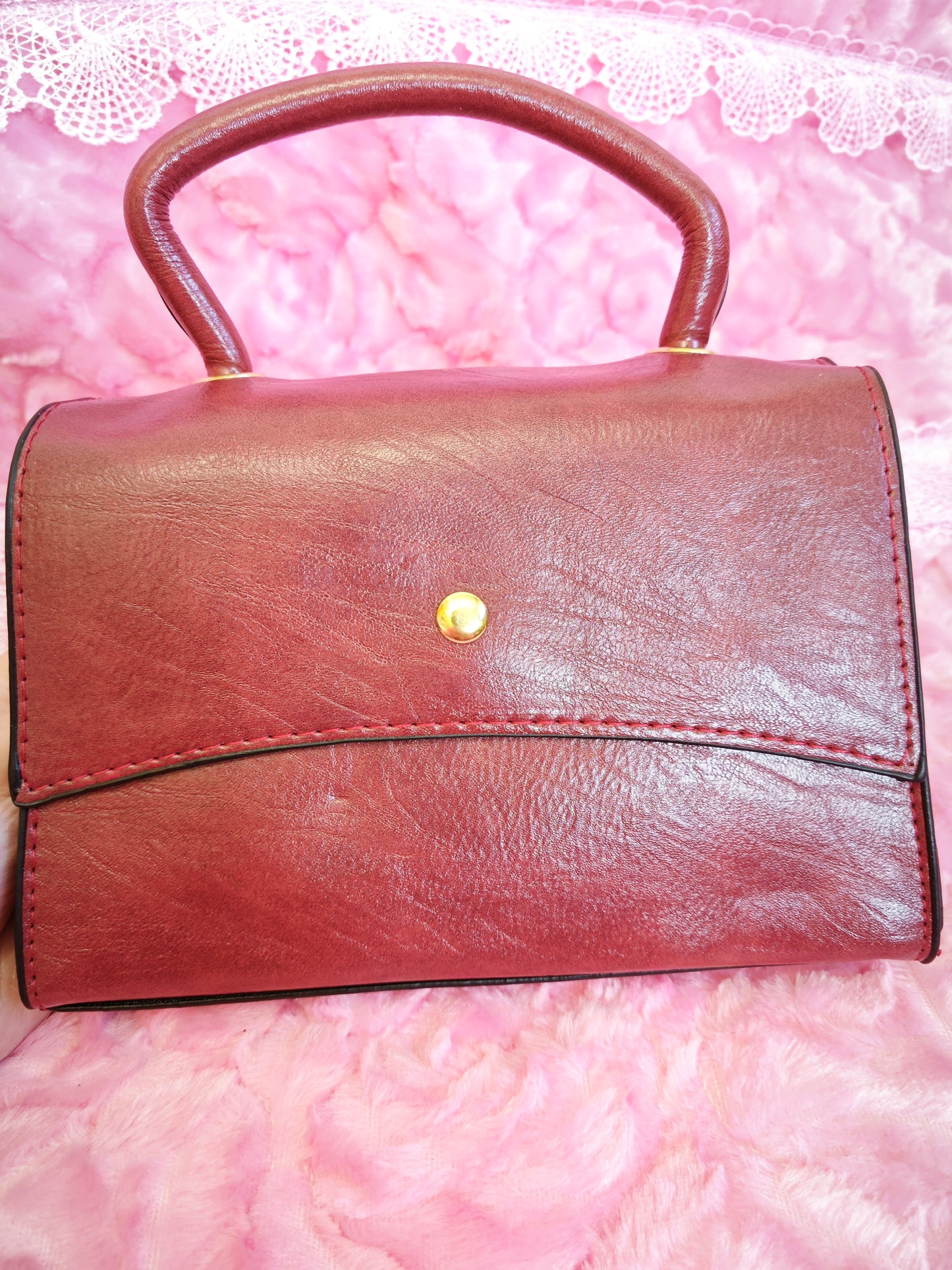 Burgundy Checkered 3-Piece Handbag with Flower Buckle