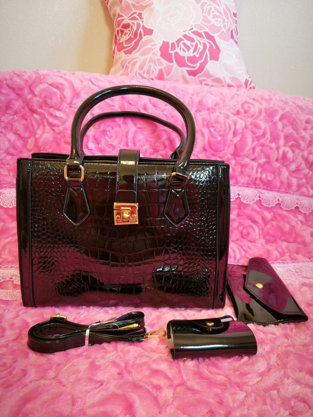 Black Patent Crocodile 3-Piece Handbag