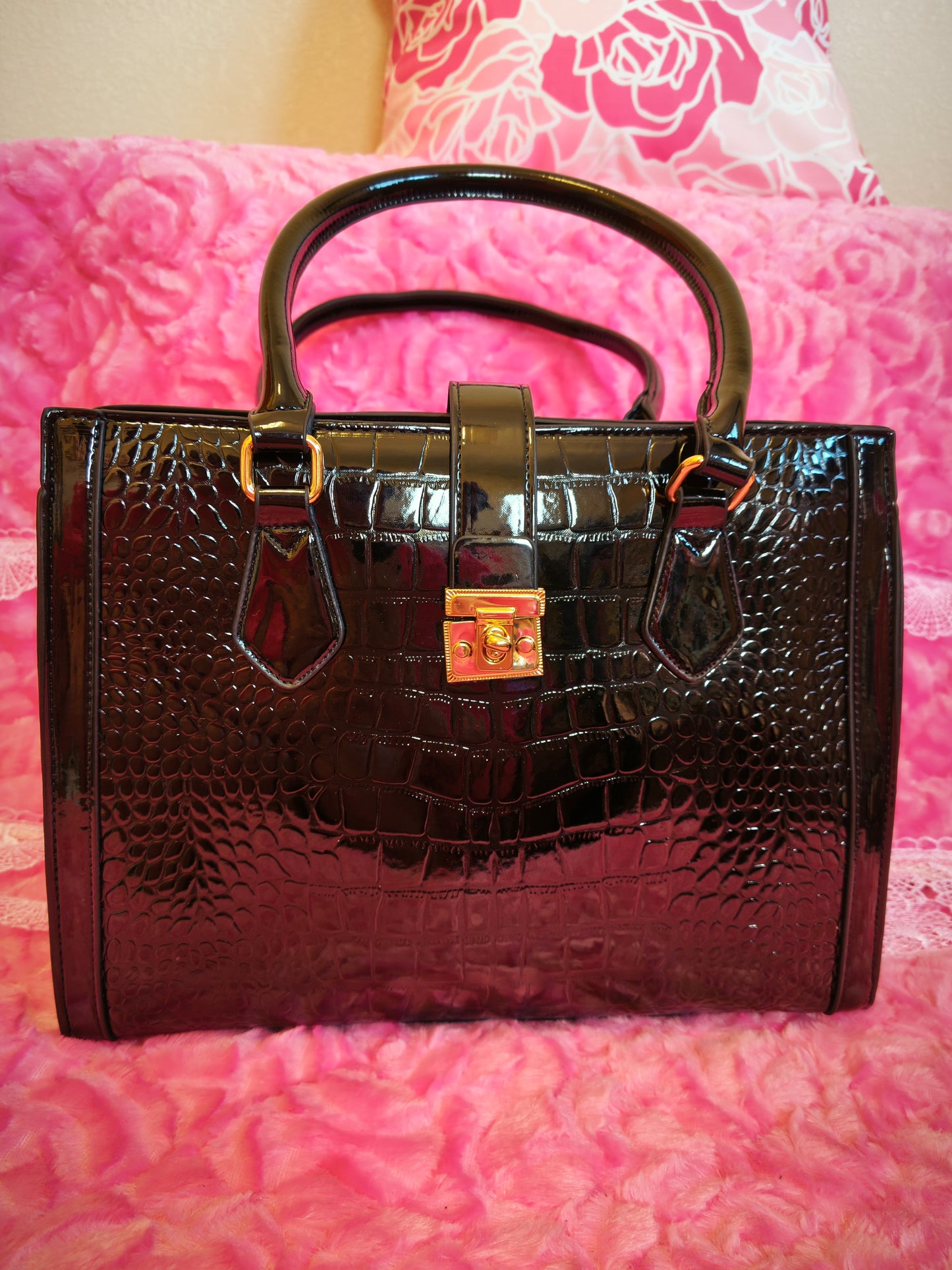 Black Patent Crocodile 3-Piece Handbag