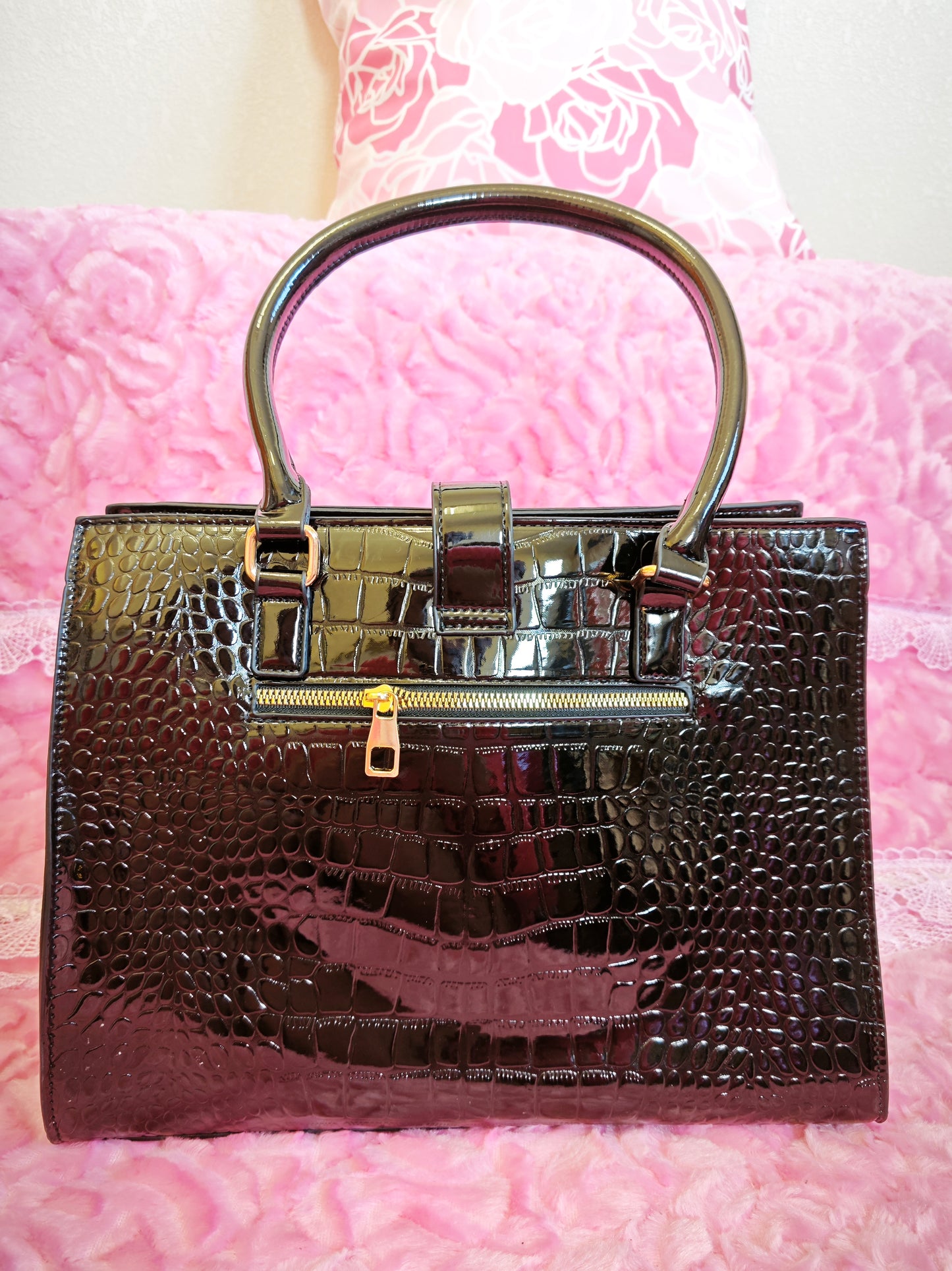 Black Patent Crocodile 3-Piece Handbag