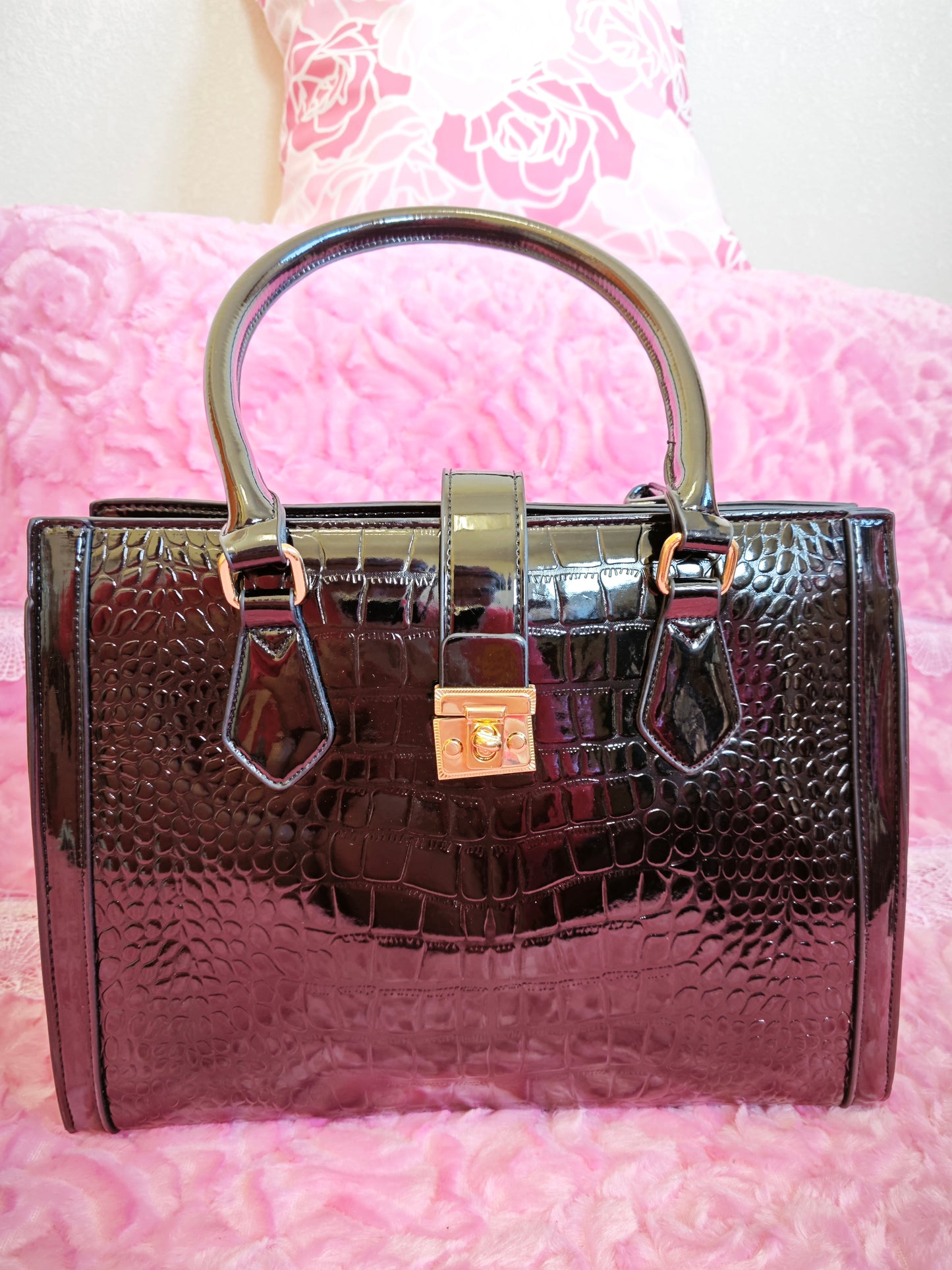 Black Patent Crocodile 3-Piece Handbag