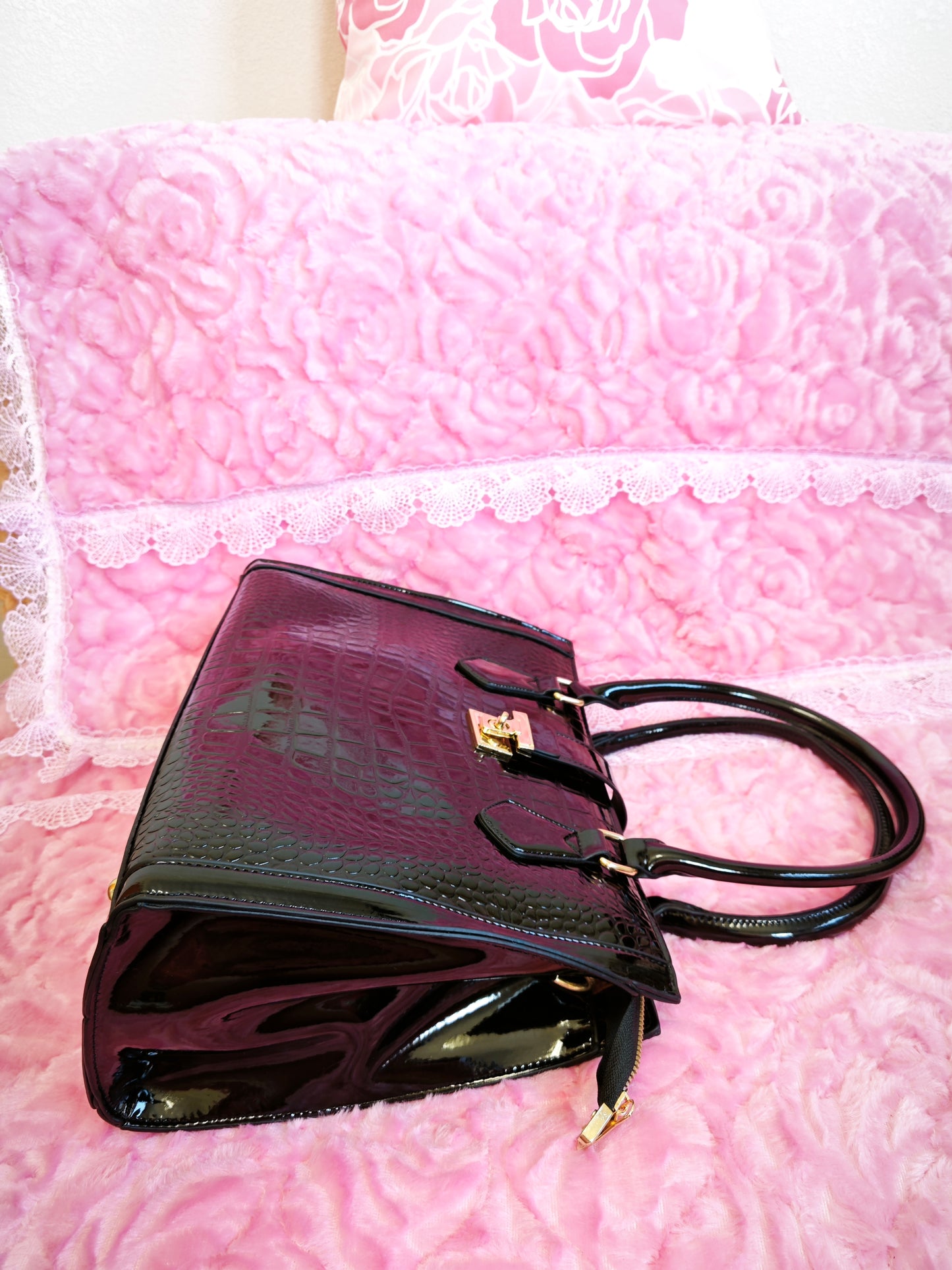 Black Patent Crocodile 3-Piece Handbag