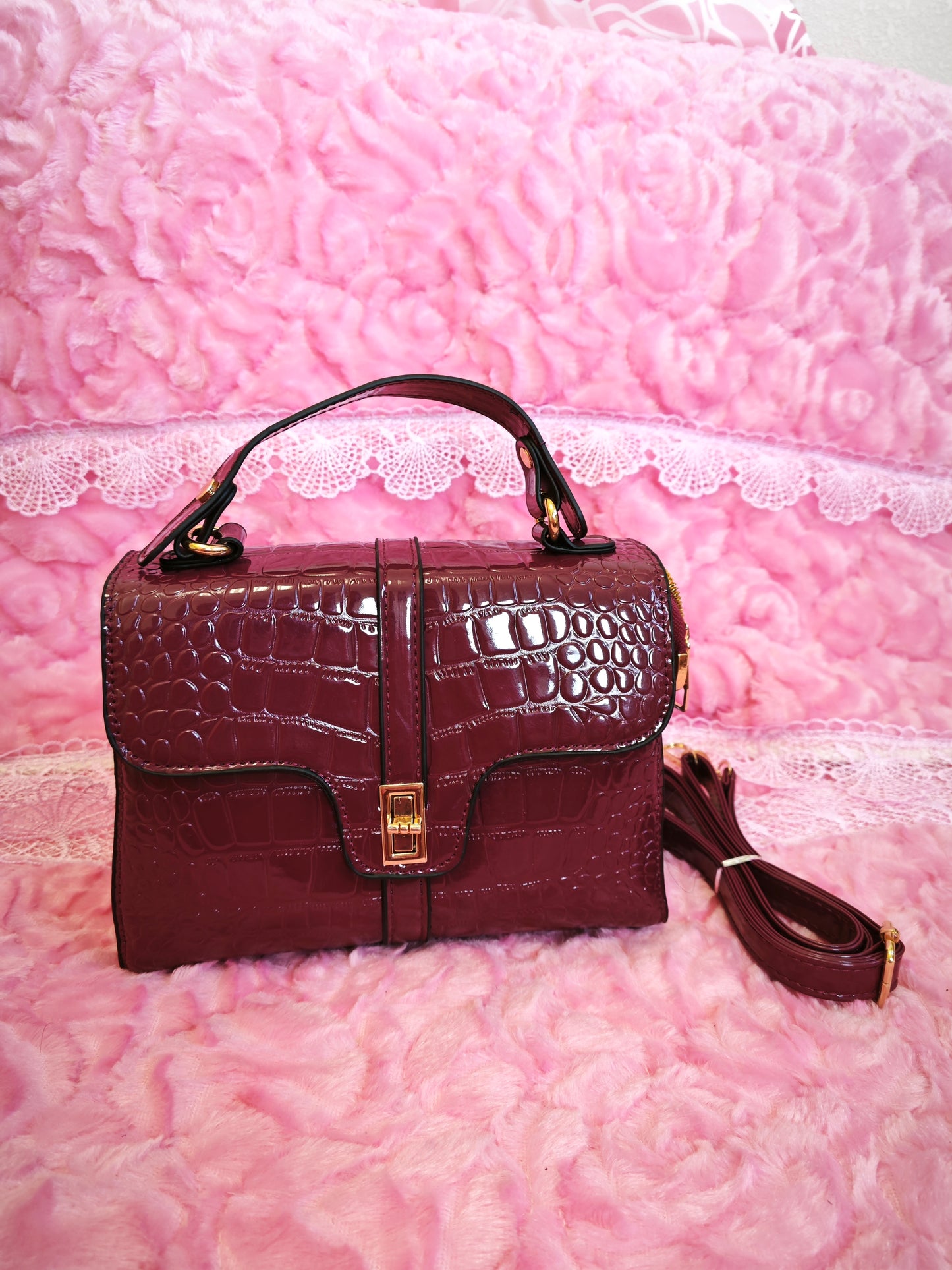 Burgundy Patent Crocodile Handbag with Metal Buckle