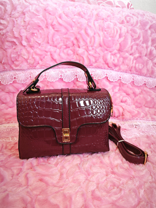 Burgundy Patent Crocodile Handbag with Metal Buckle