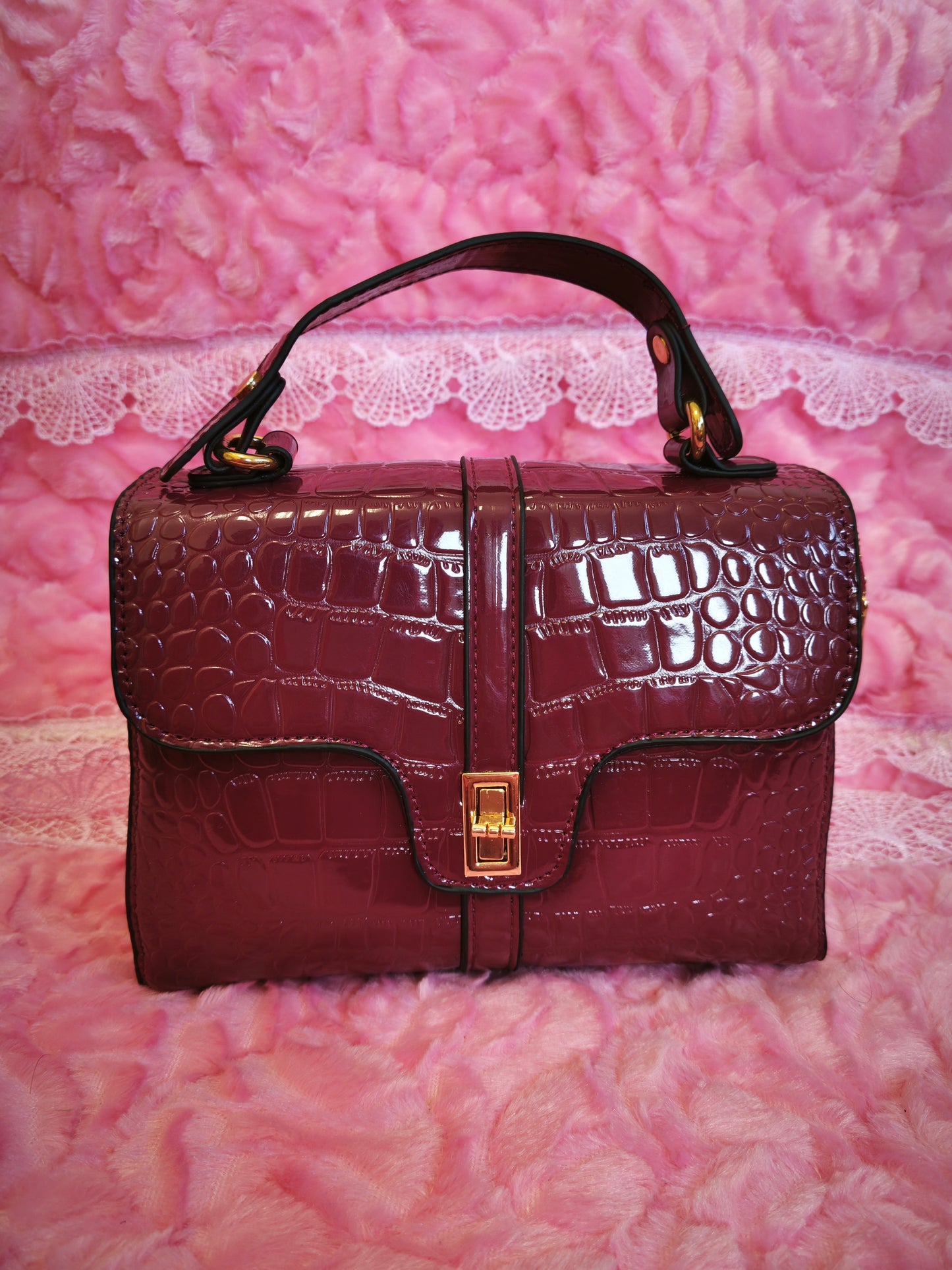 Burgundy Patent Crocodile Handbag with Metal Buckle
