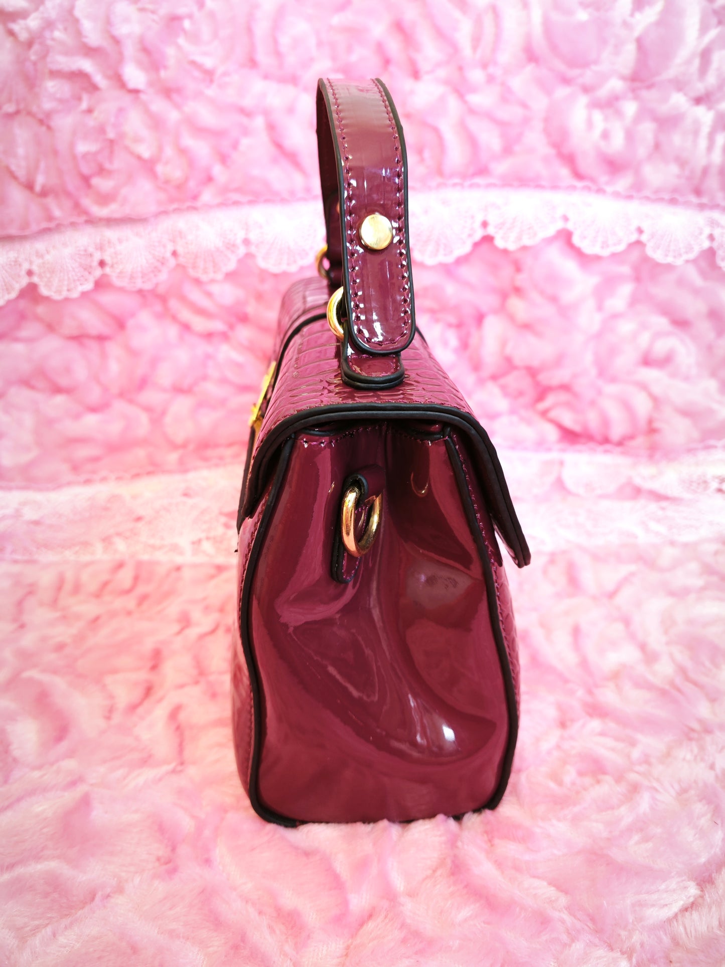 Burgundy Patent Crocodile Handbag with Metal Buckle