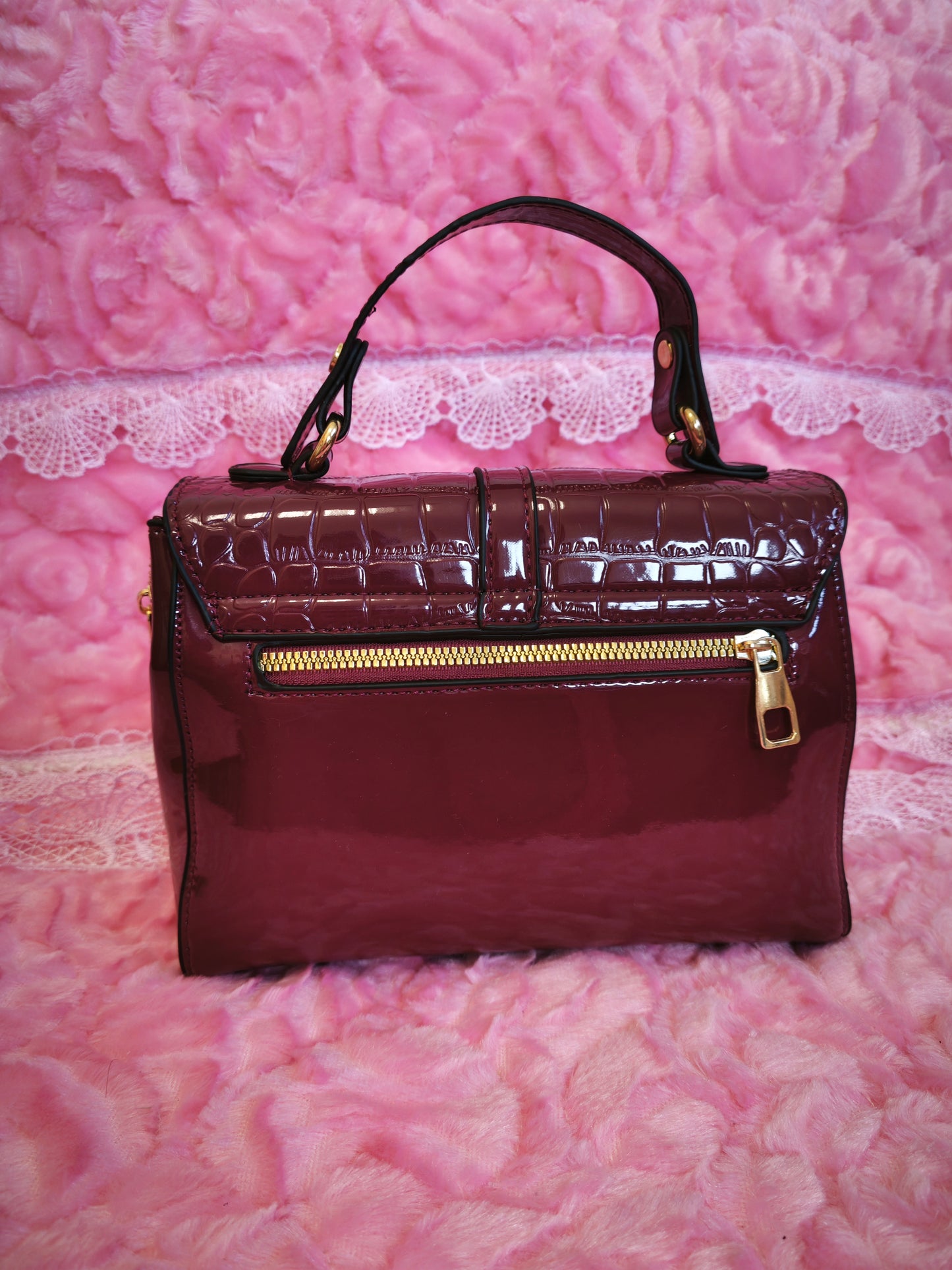 Burgundy Patent Crocodile Handbag with Metal Buckle
