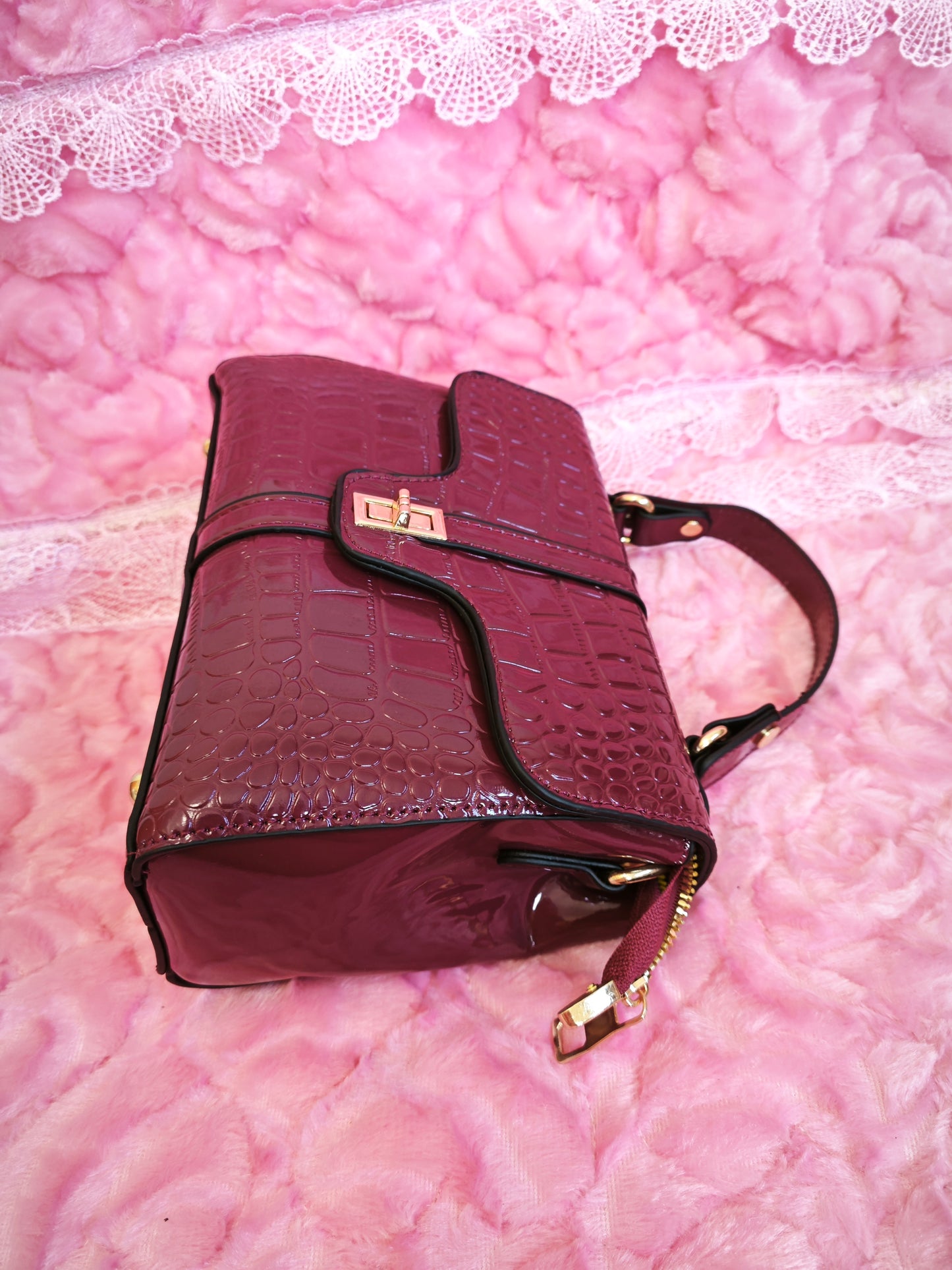 Burgundy Patent Crocodile Handbag with Metal Buckle