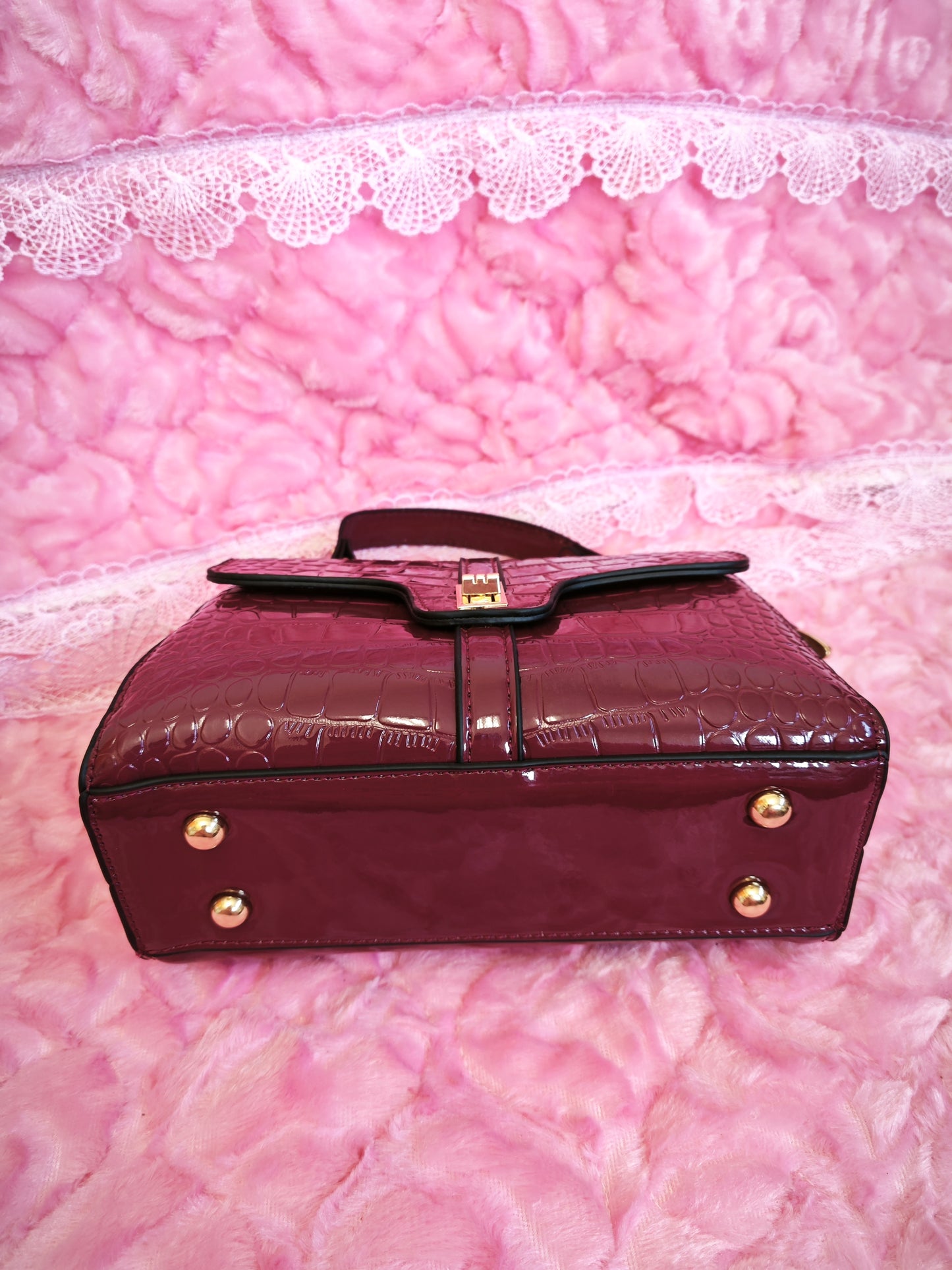 Burgundy Patent Crocodile Handbag with Metal Buckle