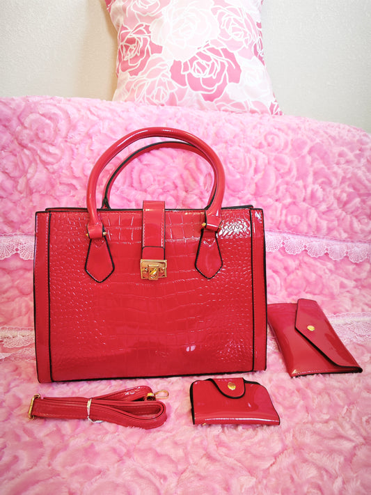 Red Patent Crocodile 3-Piece Handbag