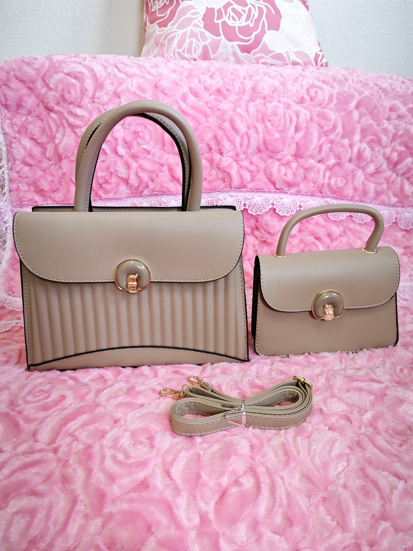 Light Khaki Pleated 2-Piece Handbag