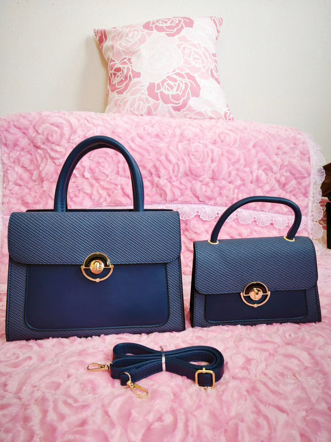 Navy Textured 2-Piece Handbag