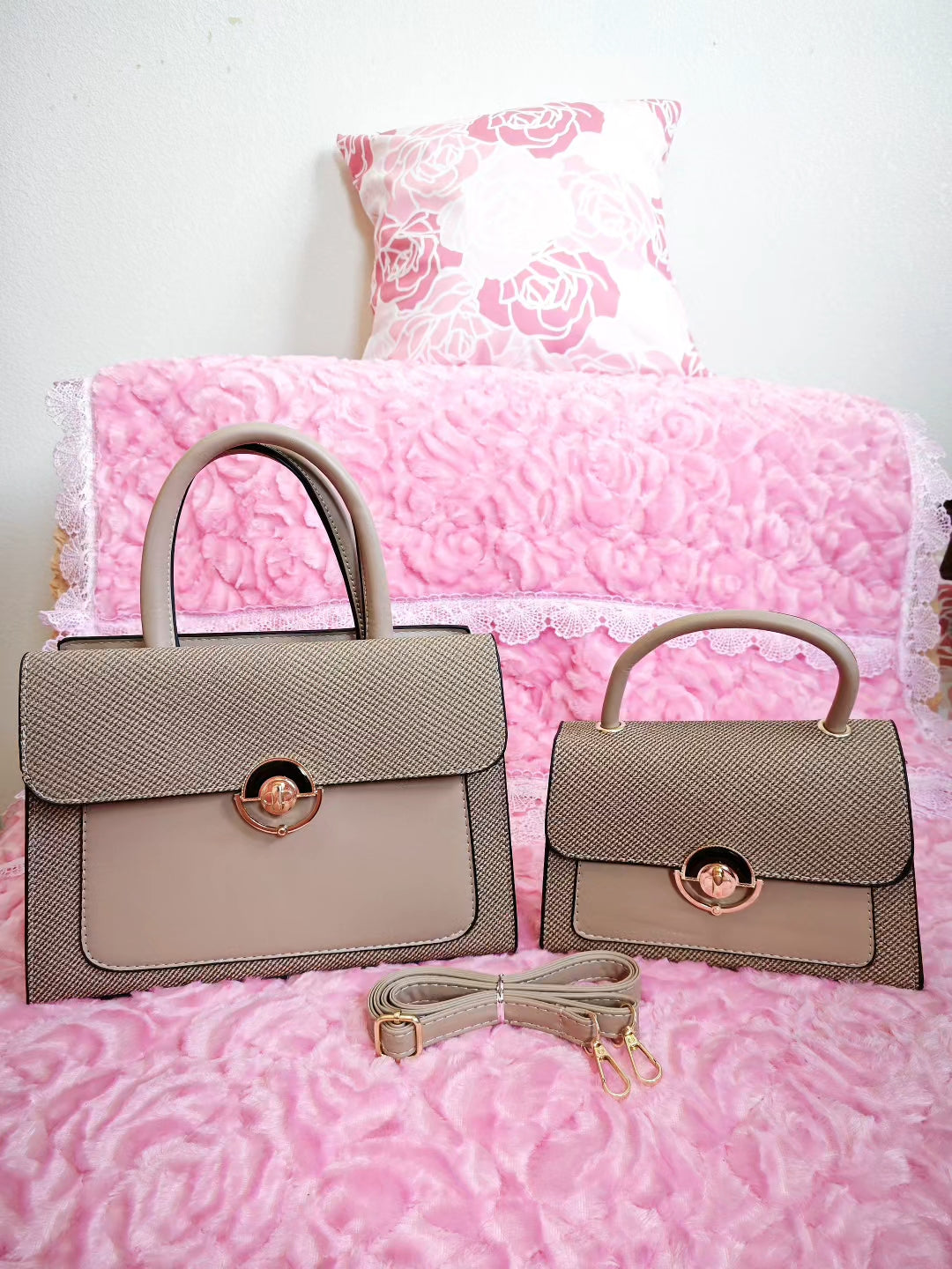 Light Brown Textured 2-Piece Handbag