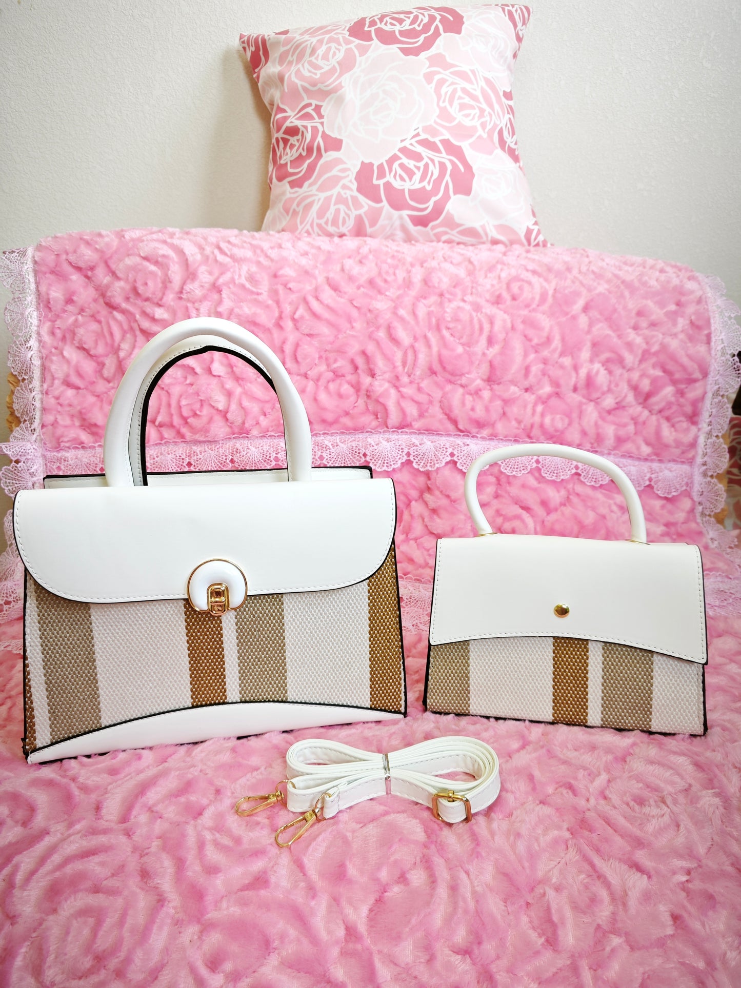 Off-White & Tan Stripe 2-Piece Handbag