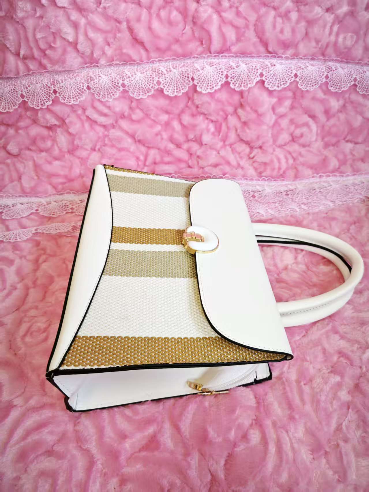 Off-White & Tan Stripe 2-Piece Handbag
