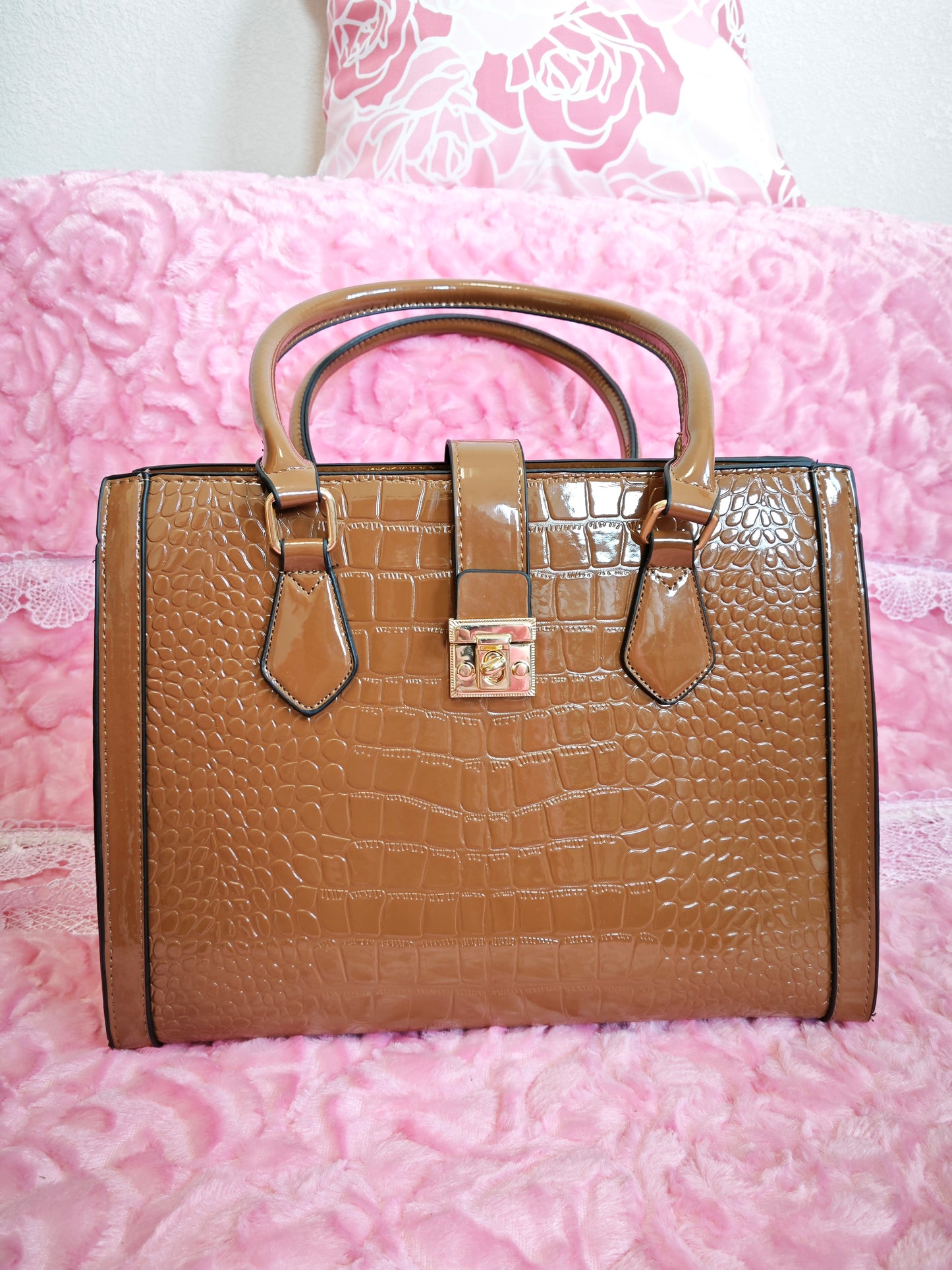 Tan Patent Crocodile 3-Piece Handbag