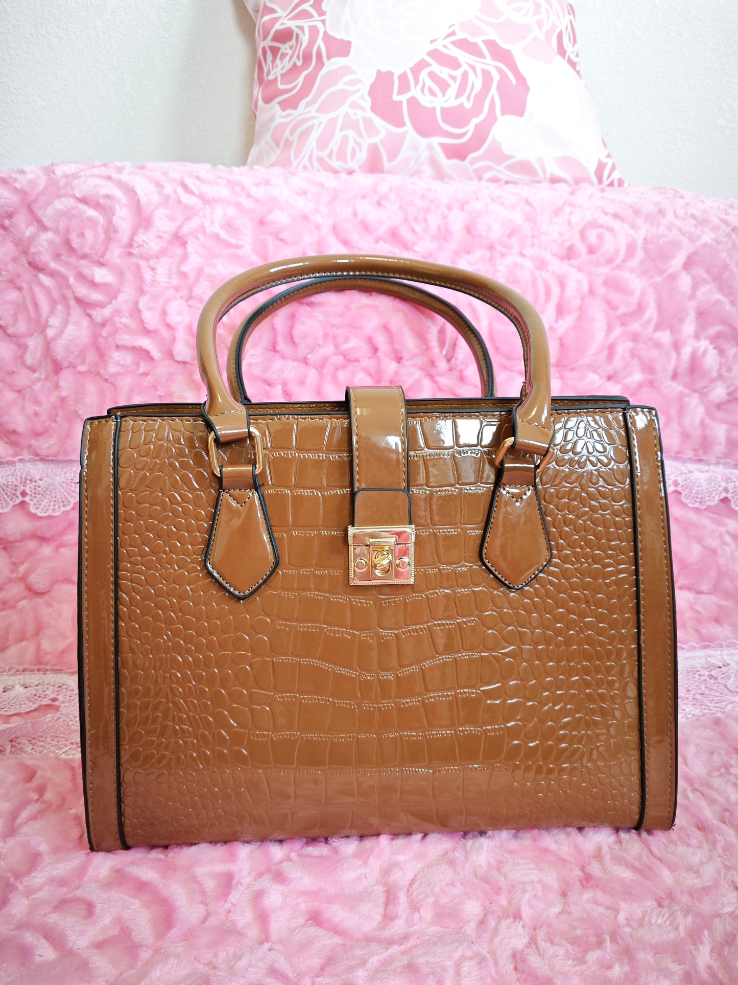 Tan Patent Crocodile 3-Piece Handbag