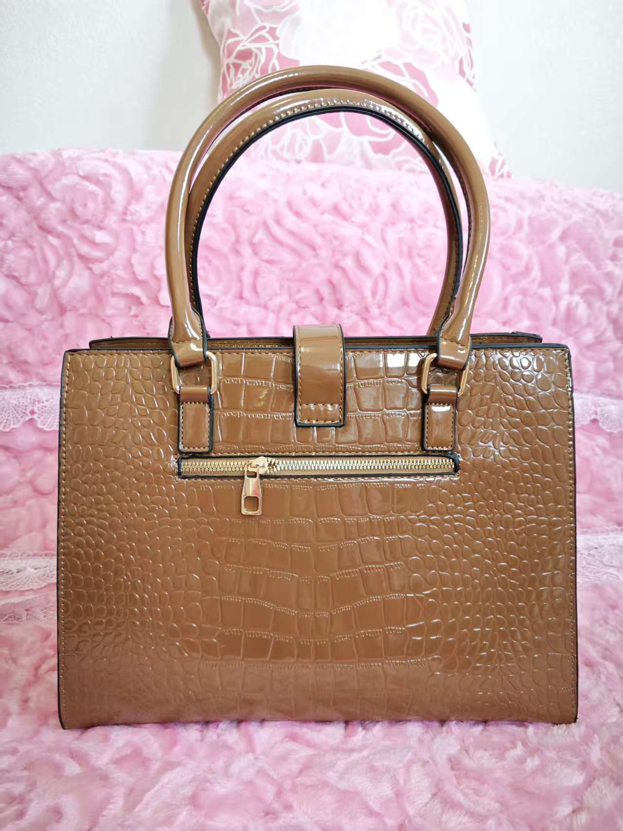 Tan Patent Crocodile 3-Piece Handbag