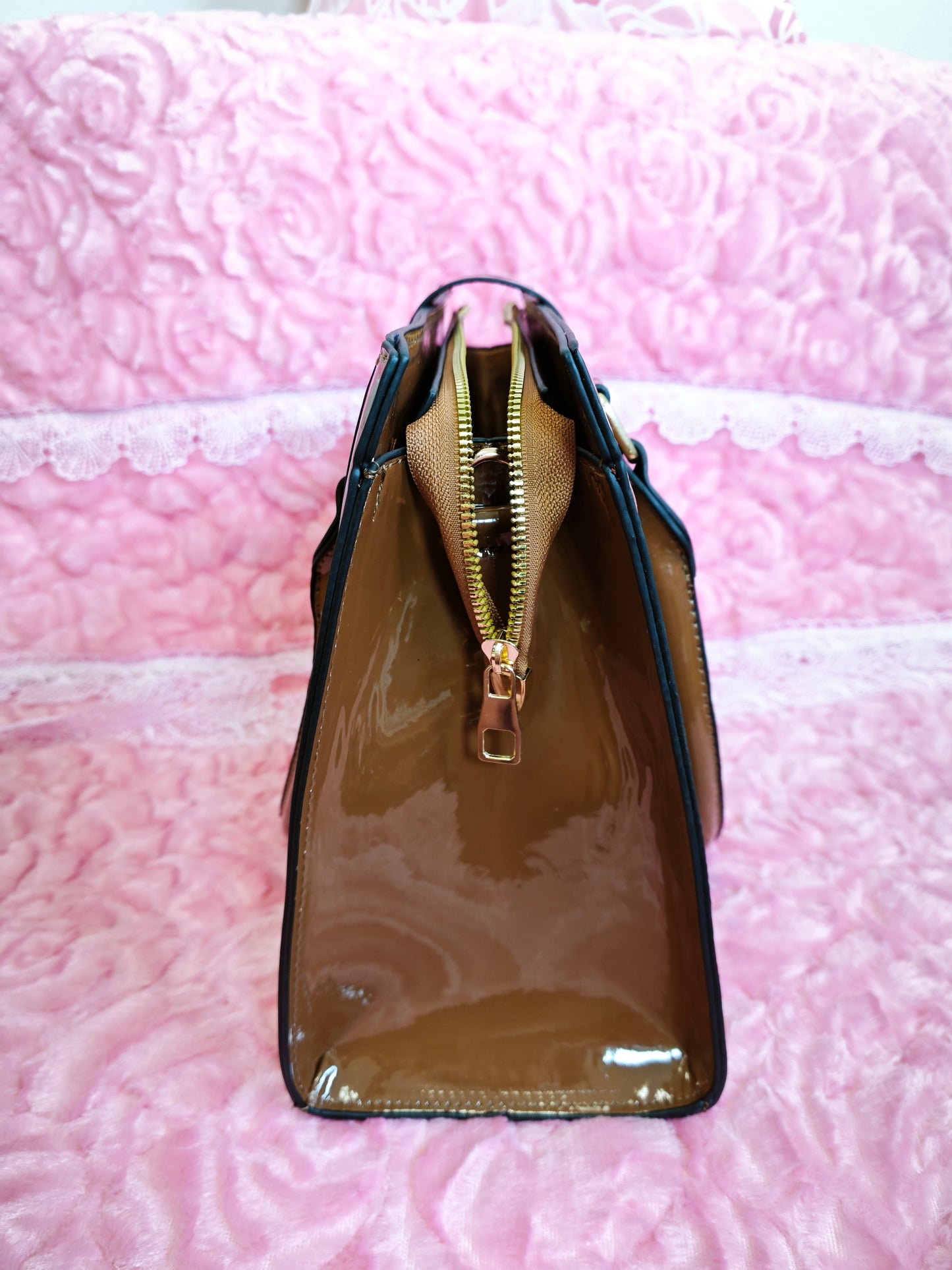 Tan Patent Crocodile 3-Piece Handbag