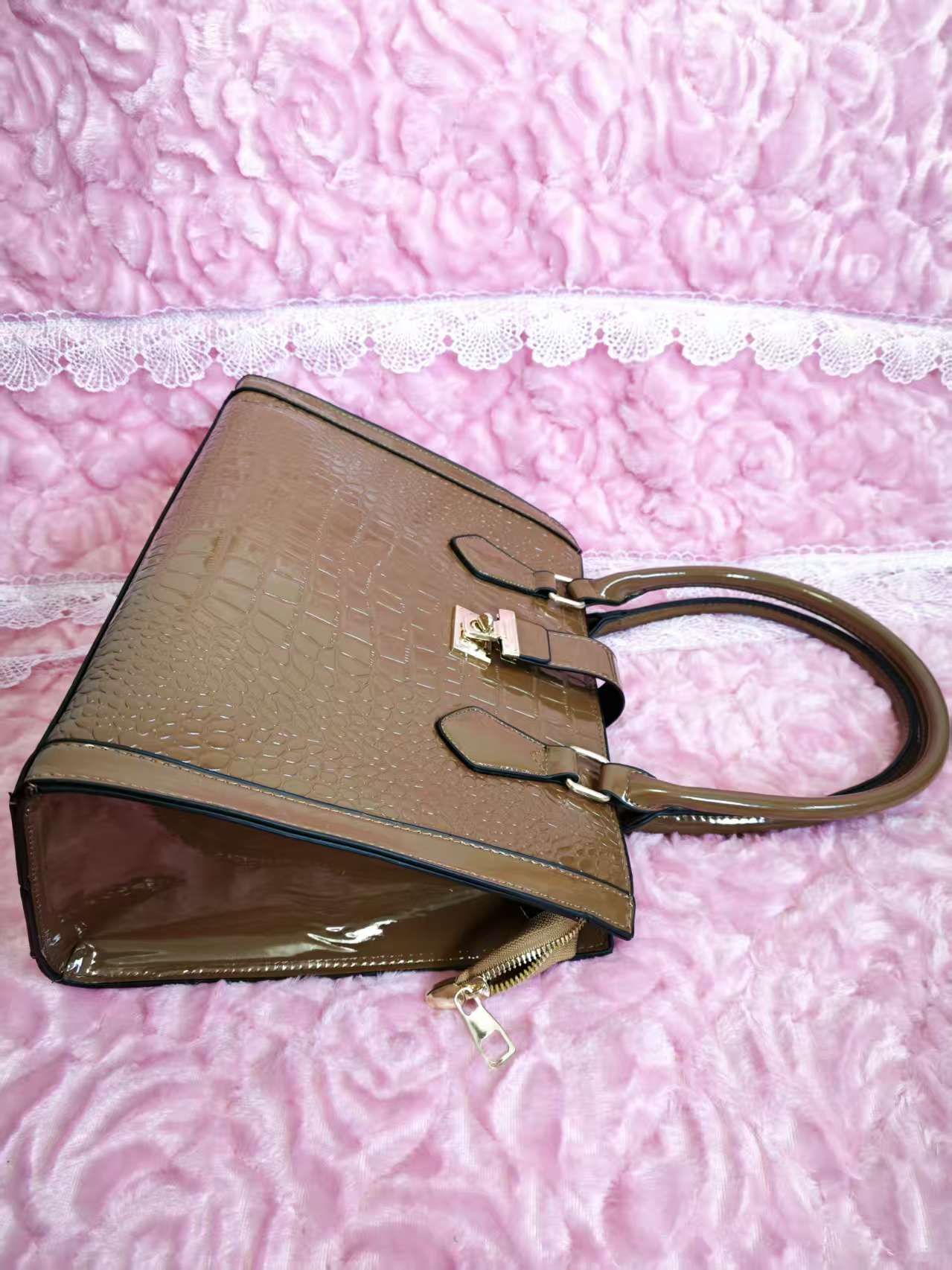 Tan Patent Crocodile 3-Piece Handbag