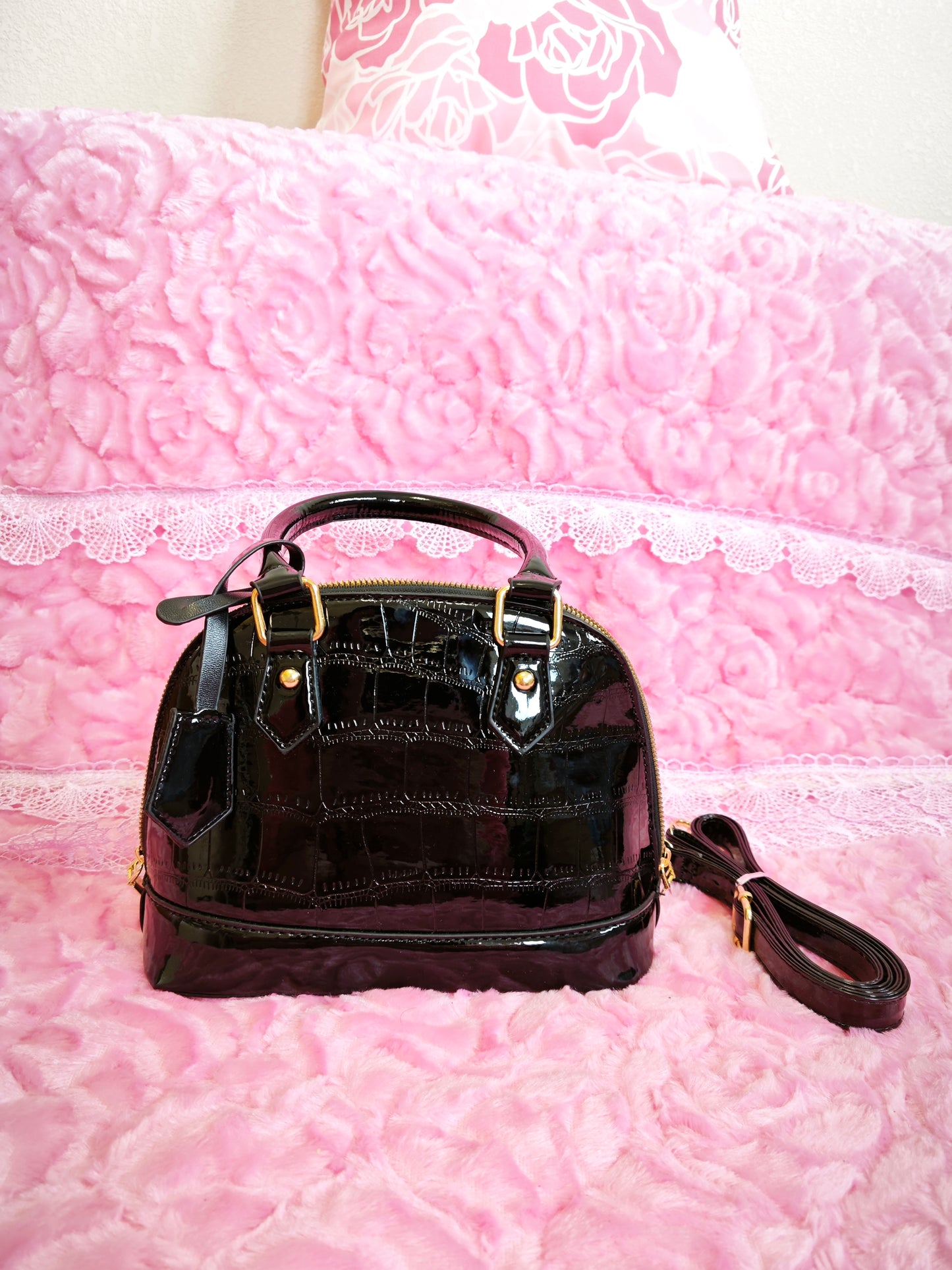 Black Patent Crocodile Dome Handbag