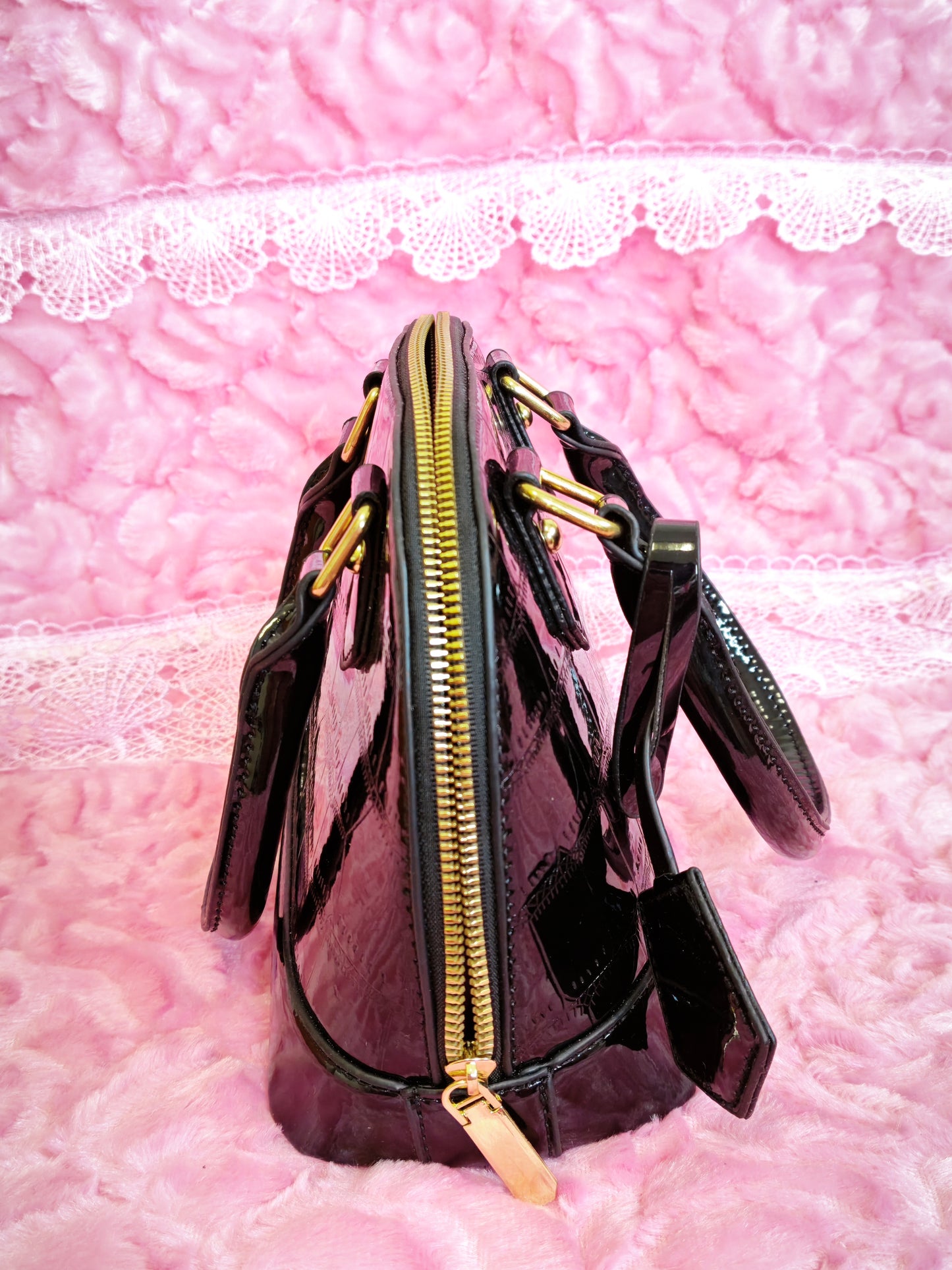 Black Patent Crocodile Dome Handbag