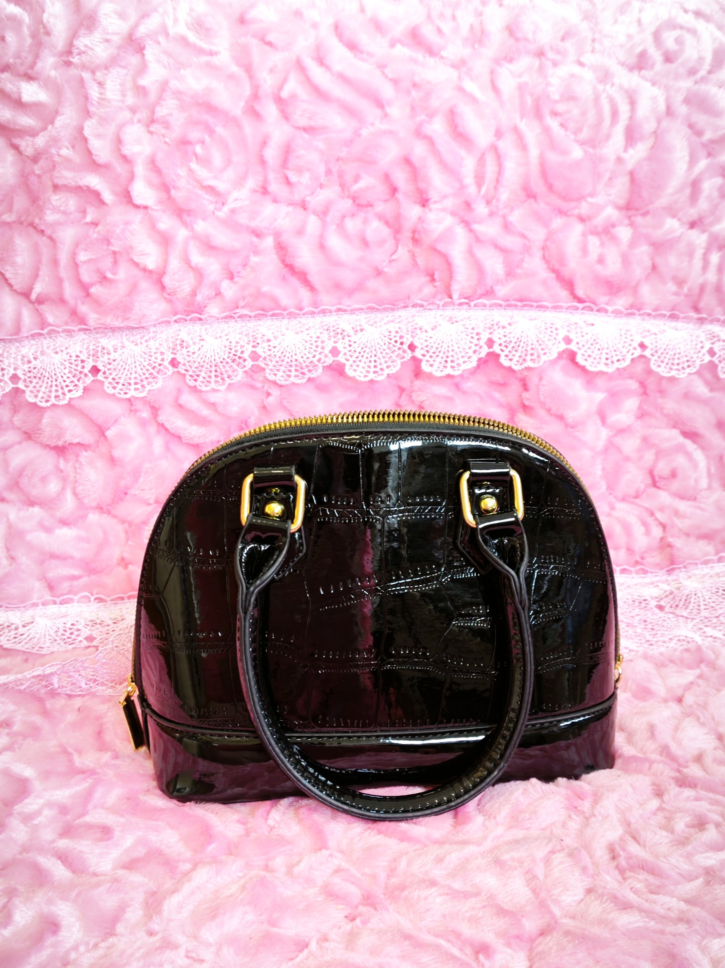 Black Patent Crocodile Dome Handbag