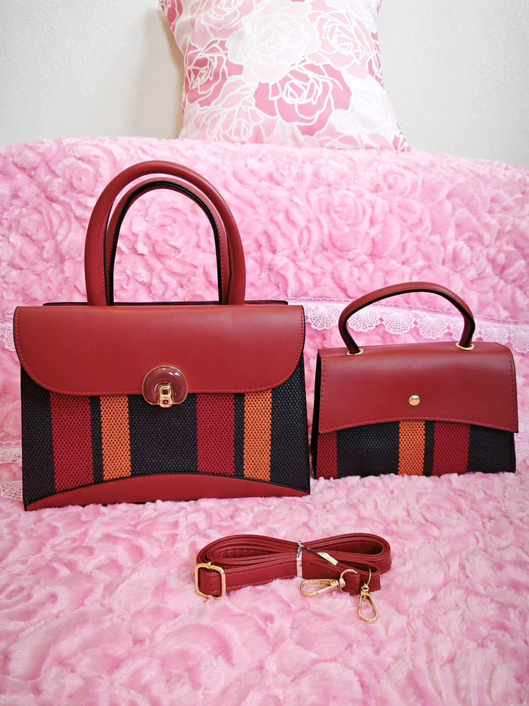 Burgundy & Multi-Stripe 2-Piece Handbag