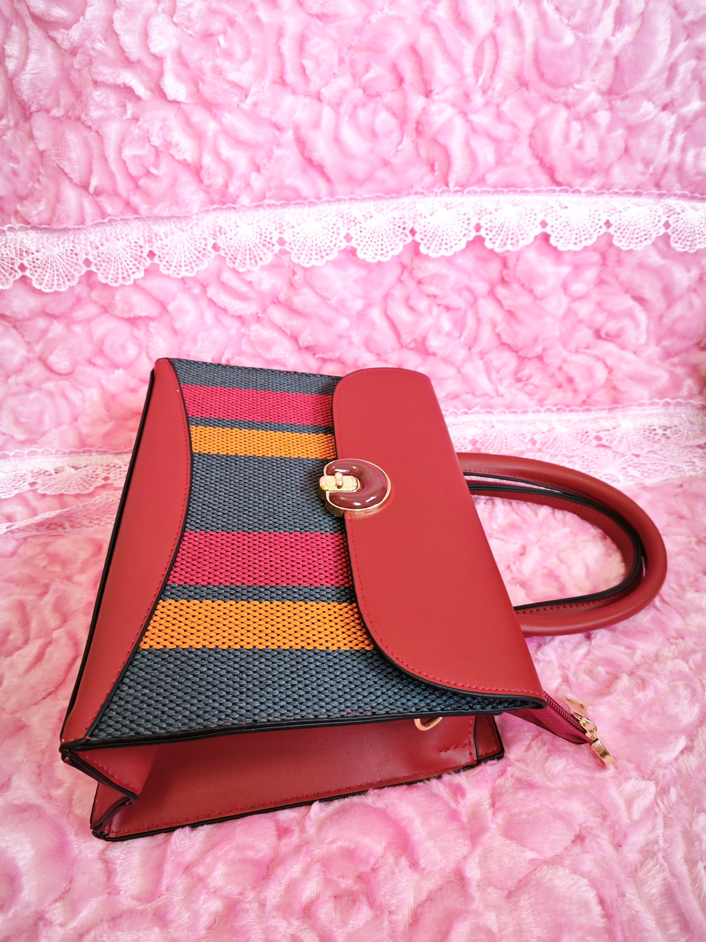 Burgundy & Multi-Stripe 2-Piece Handbag