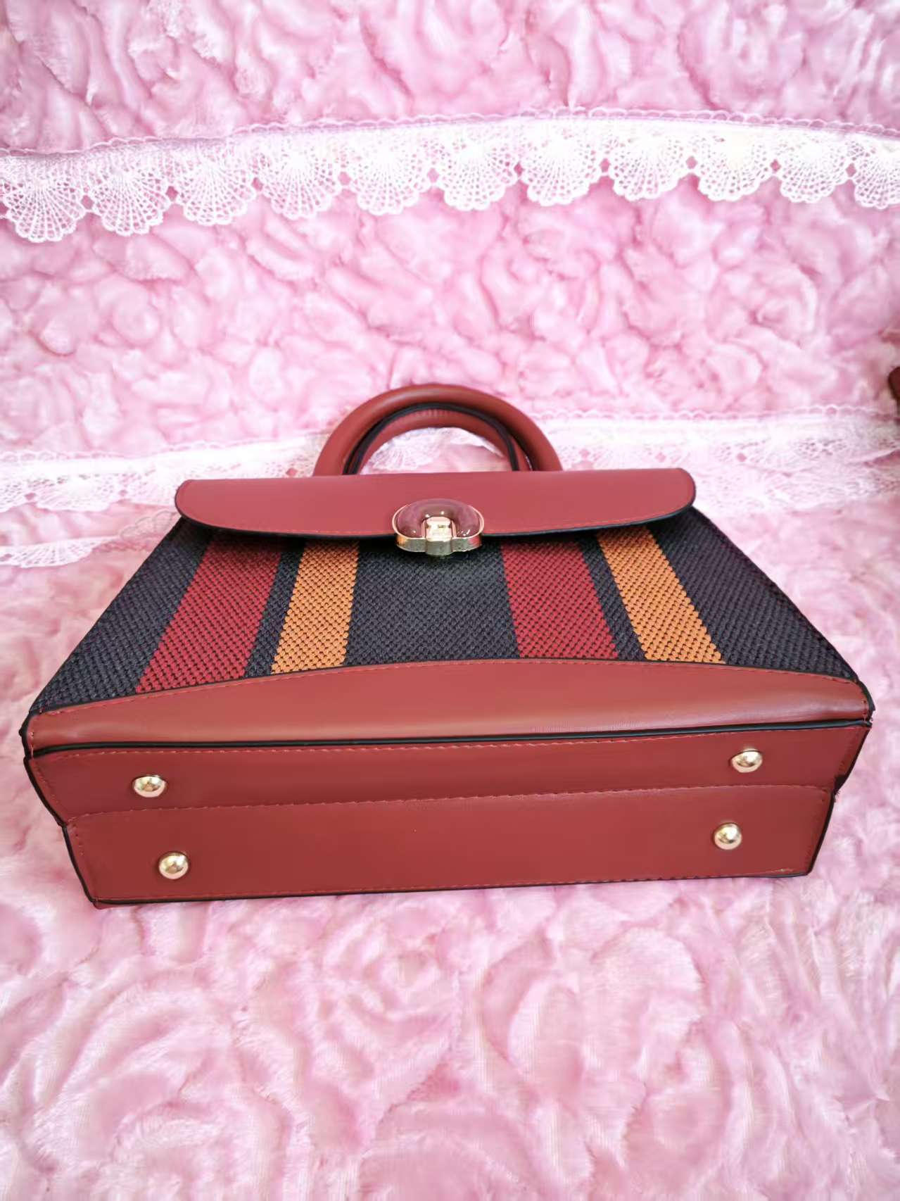 Burgundy & Multi-Stripe 2-Piece Handbag