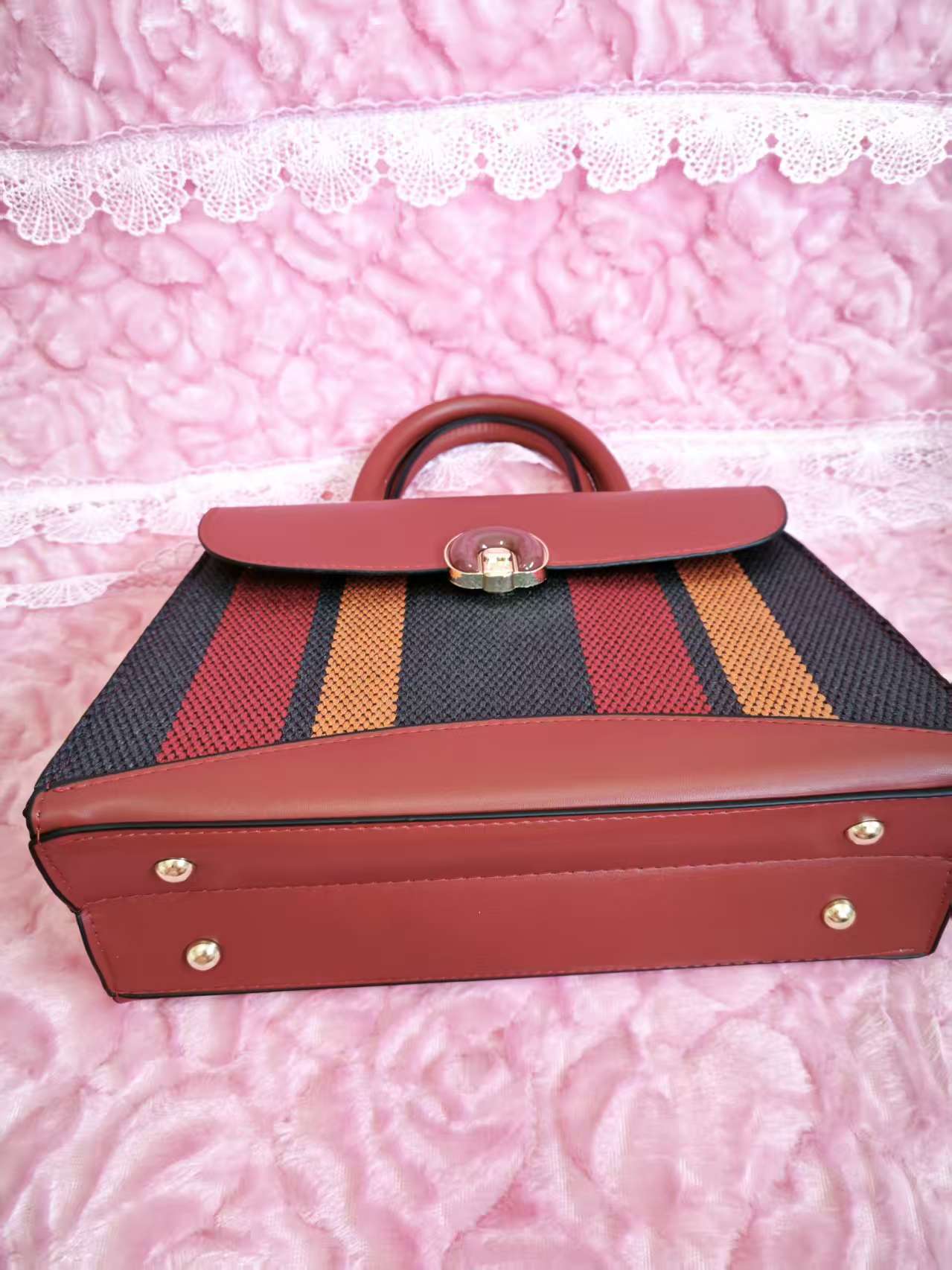 Burgundy & Multi-Stripe 2-Piece Handbag