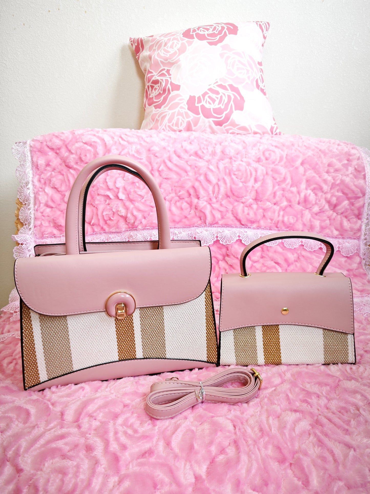 Soft Pink & Tan Stripe 2-Piece Handbag